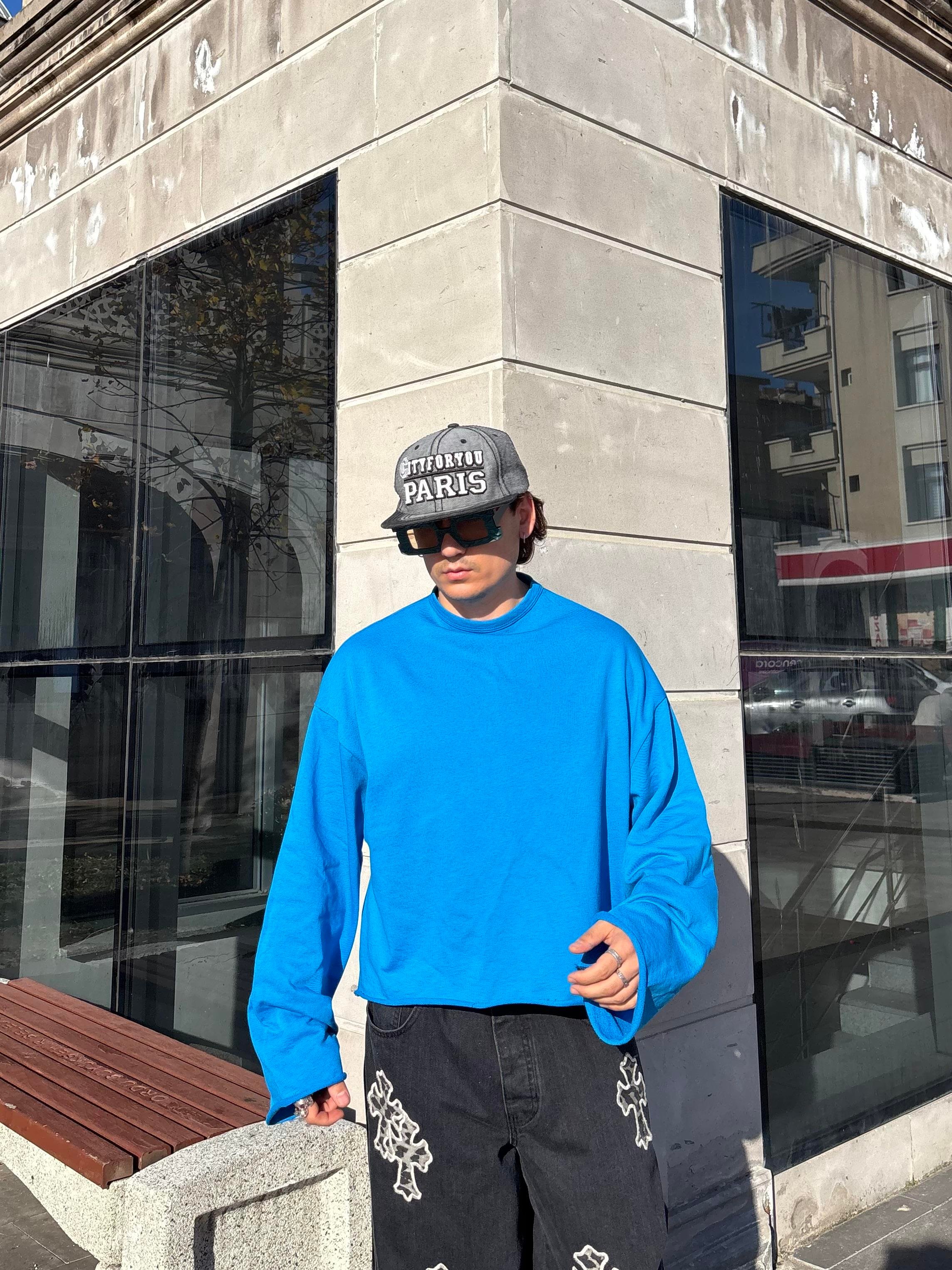 Blue Boxy Fit Cut-Off Sweatshirt