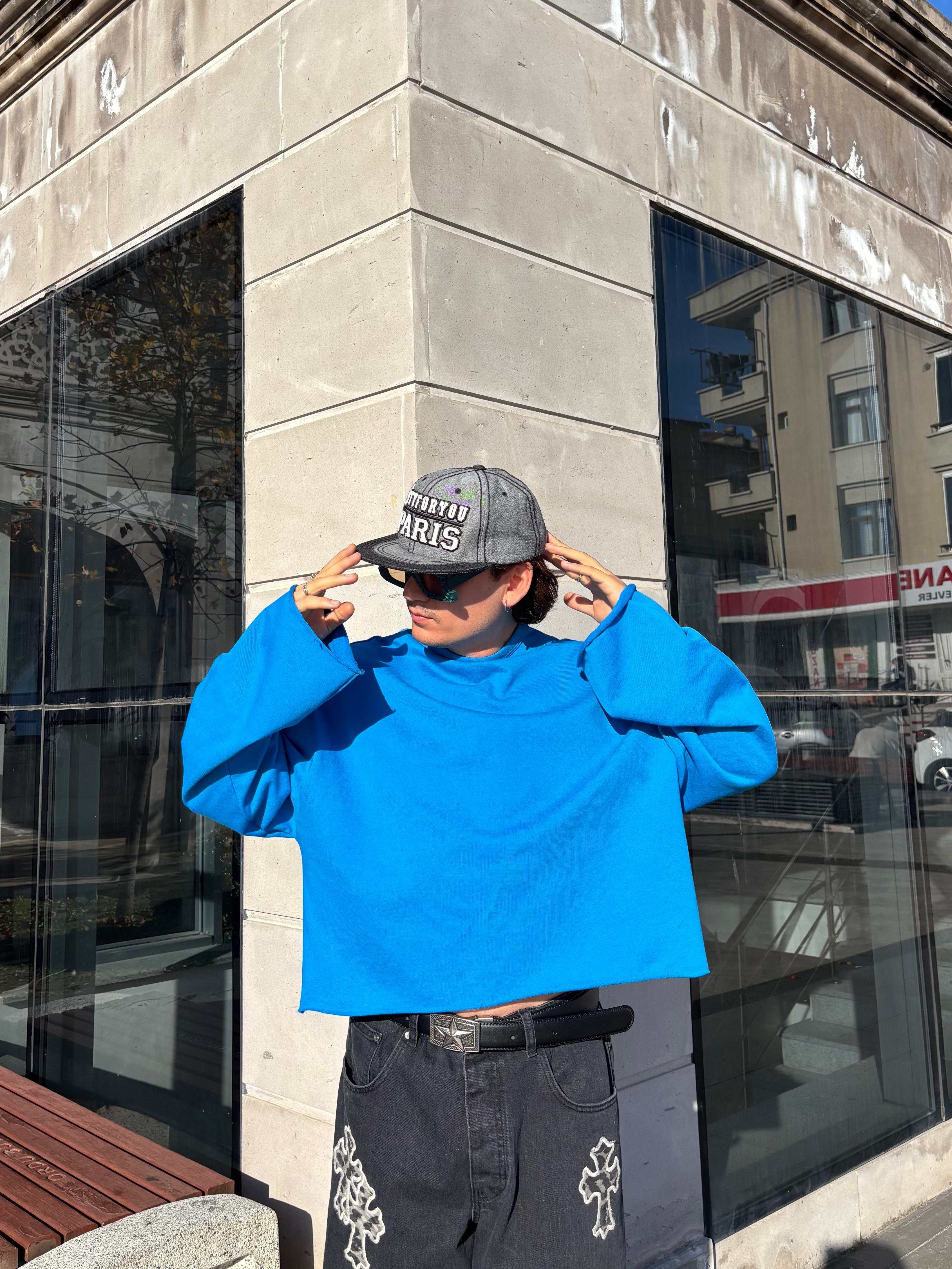 Blue Boxy Fit Cut-Off Sweatshirt