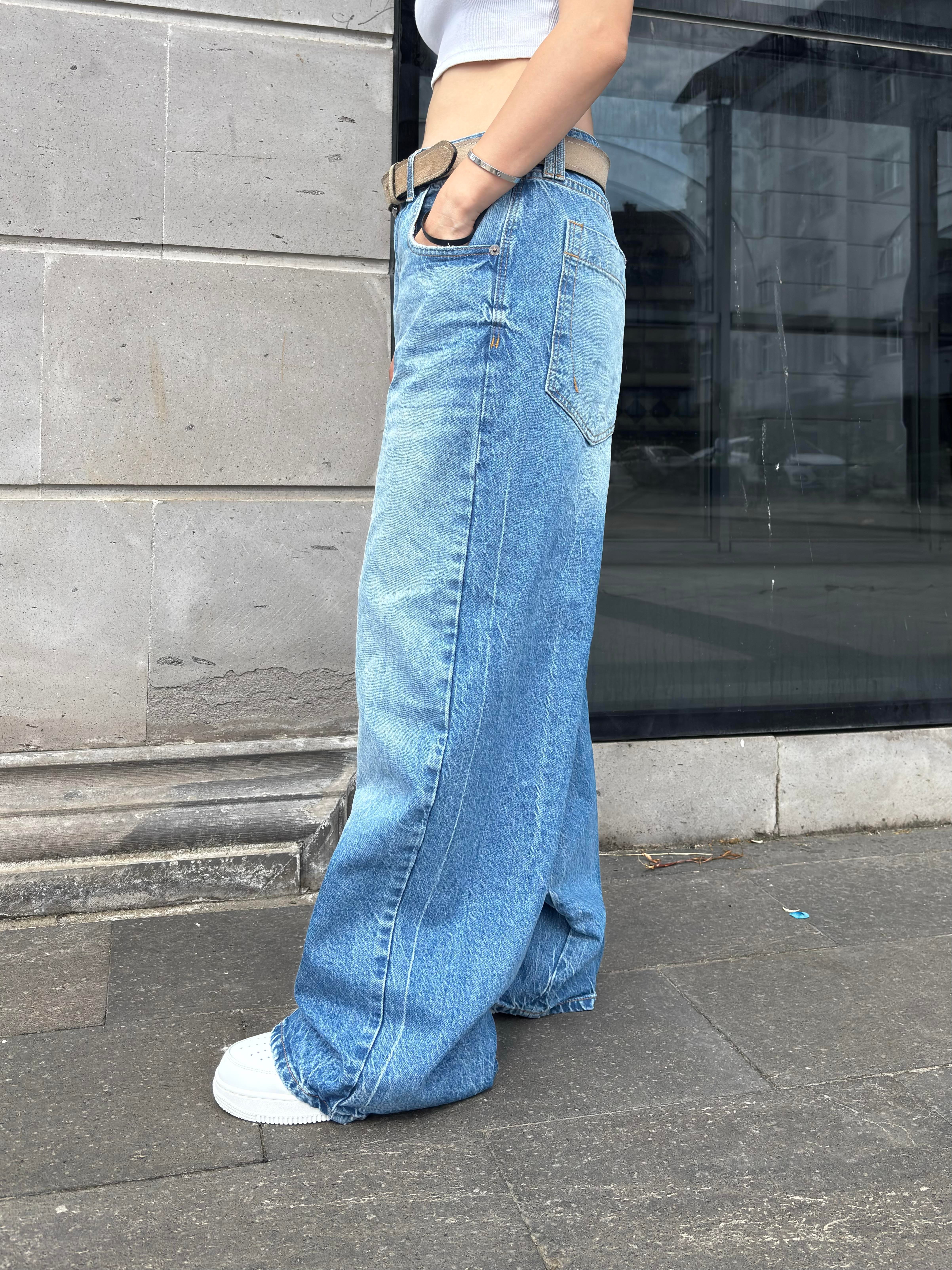 Blue Eskitme Stamped Pocket Baggy Denim Jean