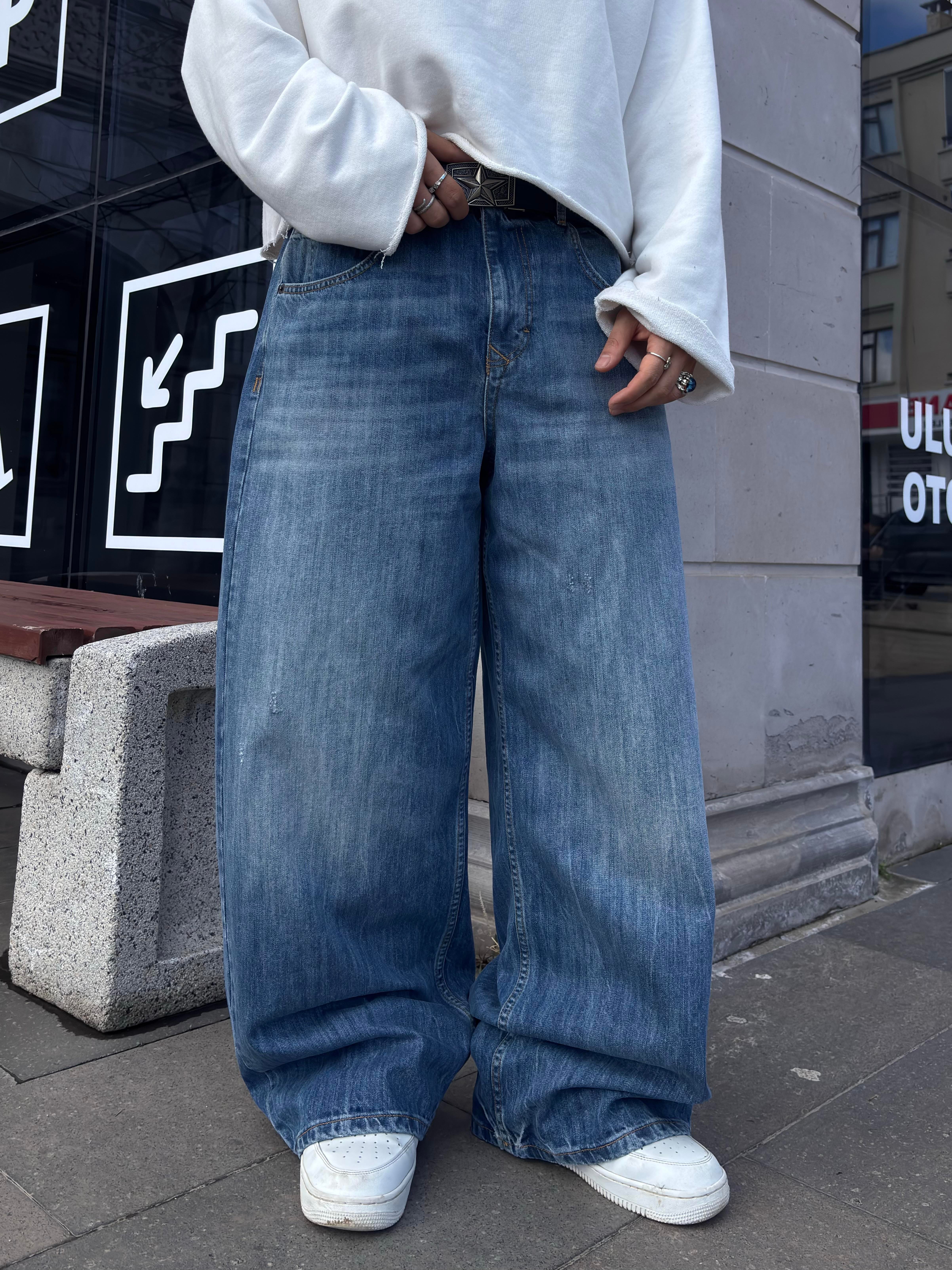 Blue Eskitme Stamped Pocket Baggy Denim Jean2