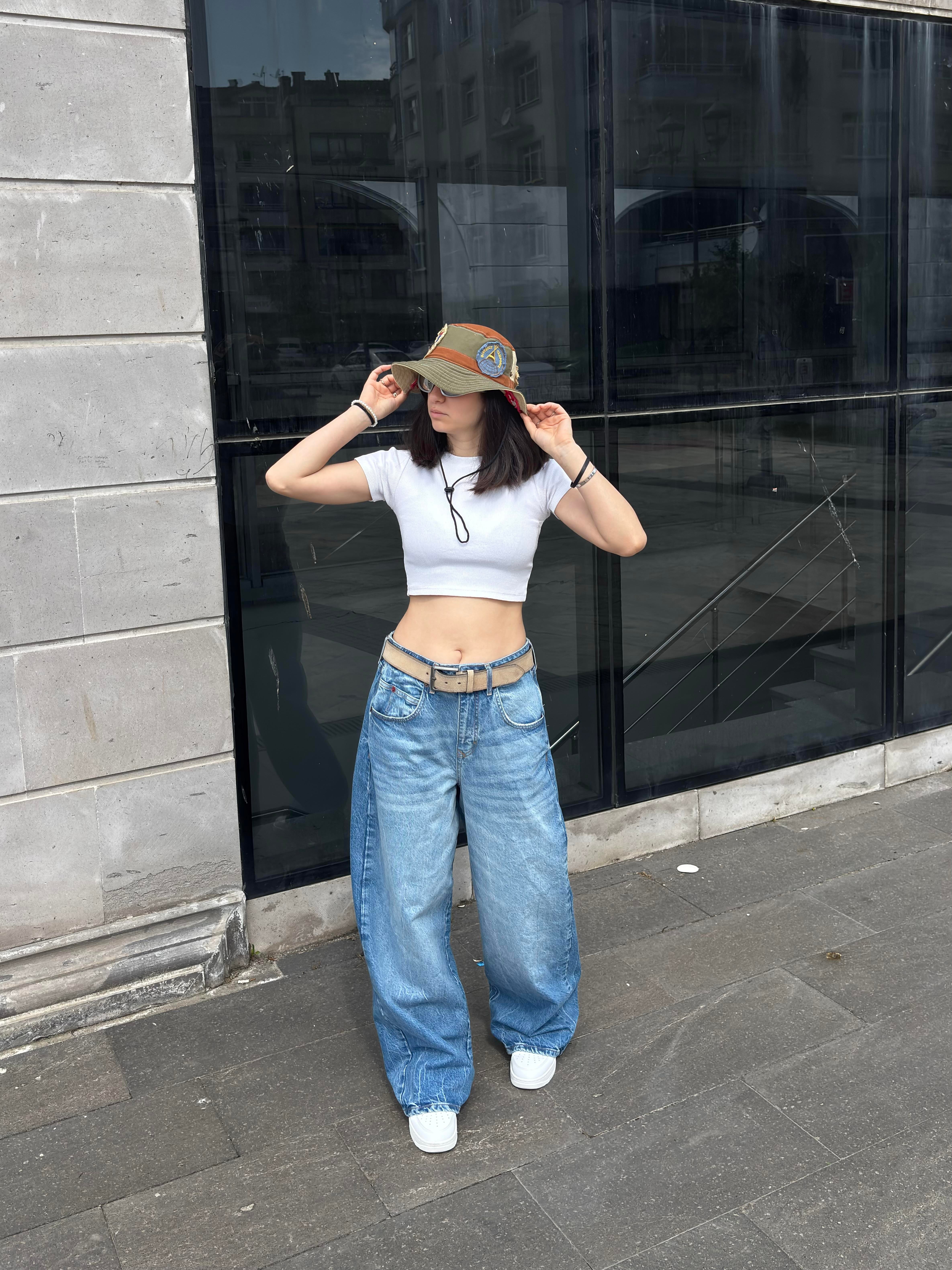 Blue Eskitme Stamped Pocket Baggy Denim Jean