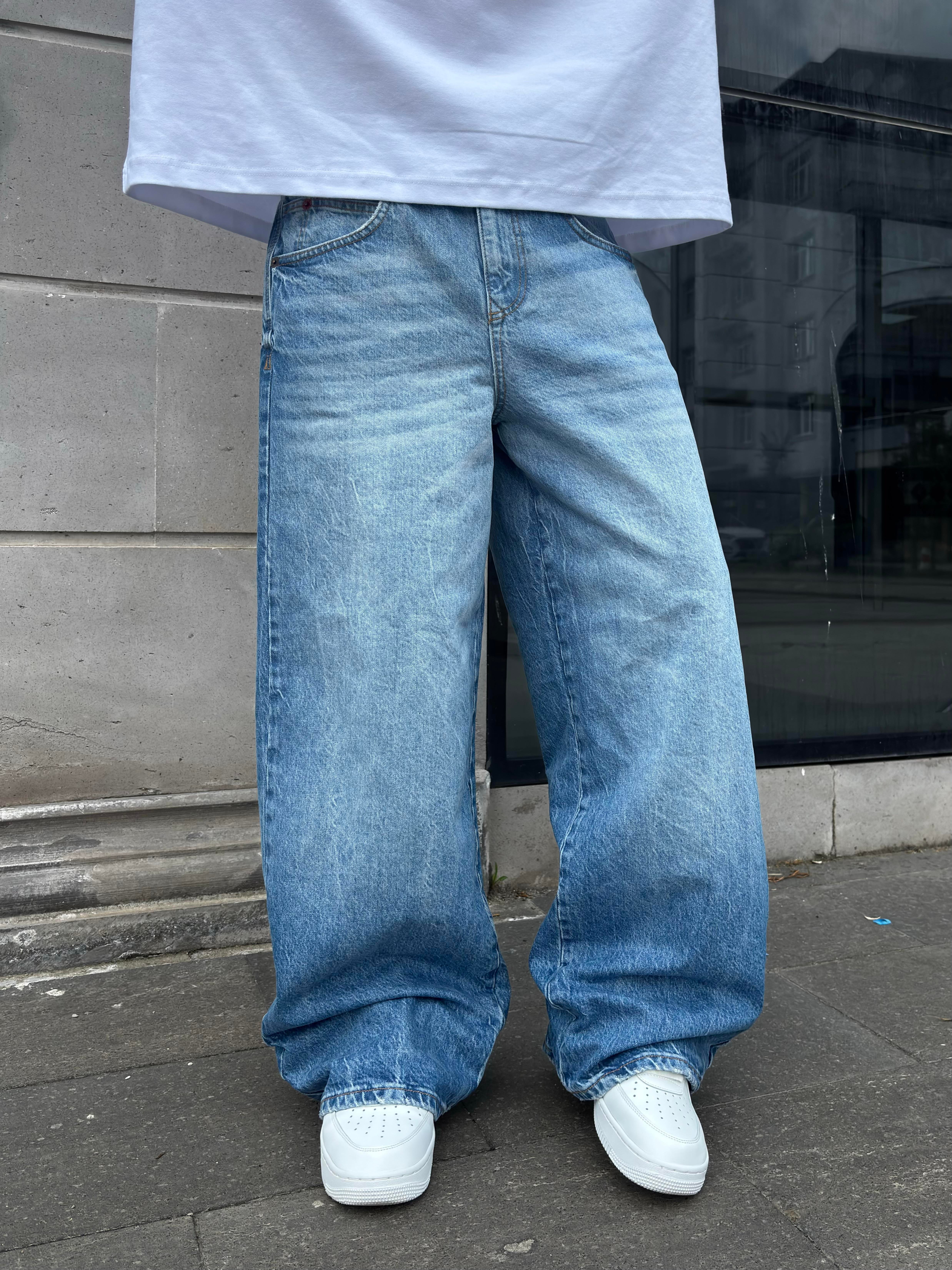 Blue Eskitme Stamped Pocket Baggy Denim Jean