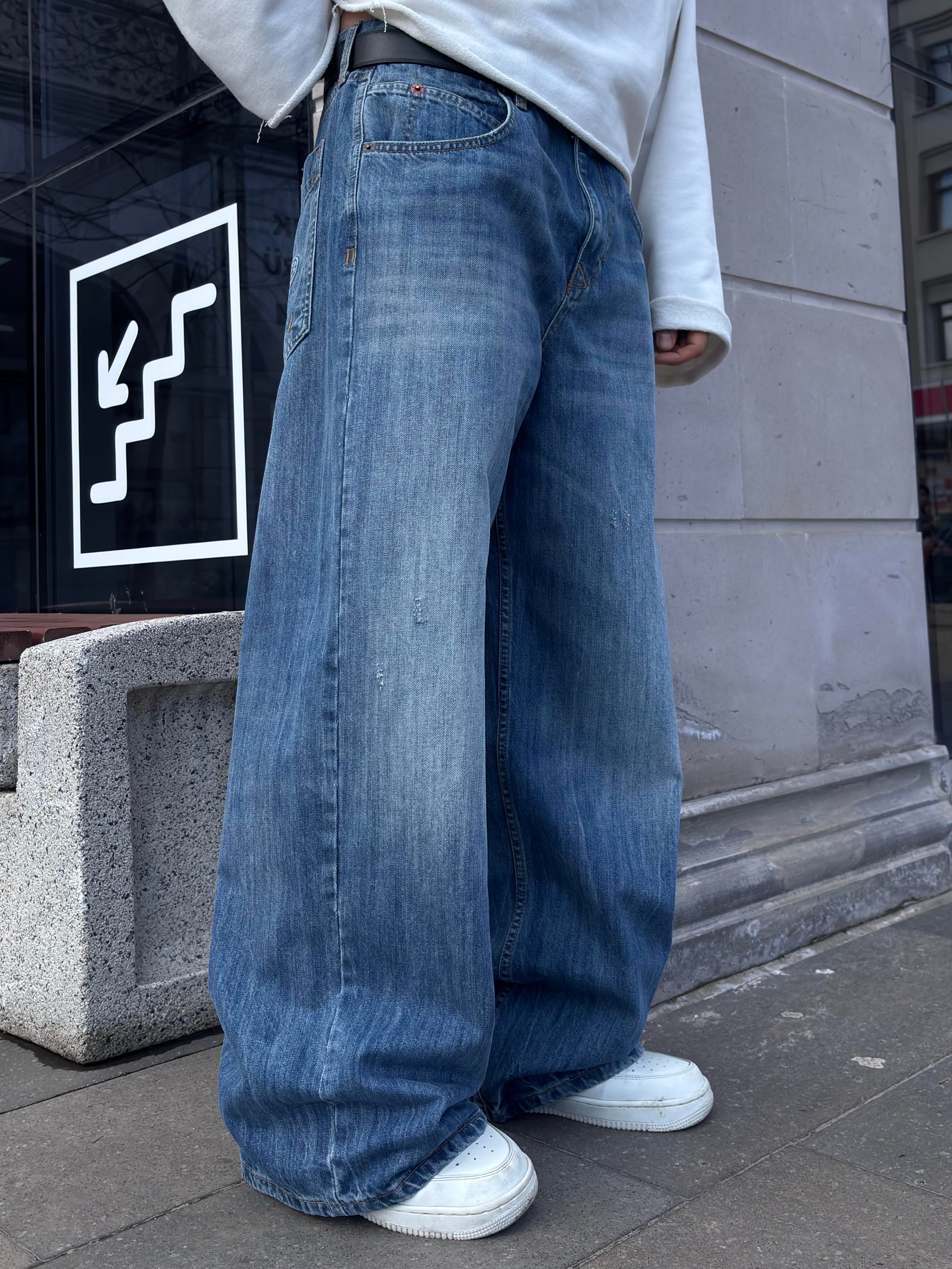 Blue Eskitme Stamped Pocket Baggy Denim Jean2
