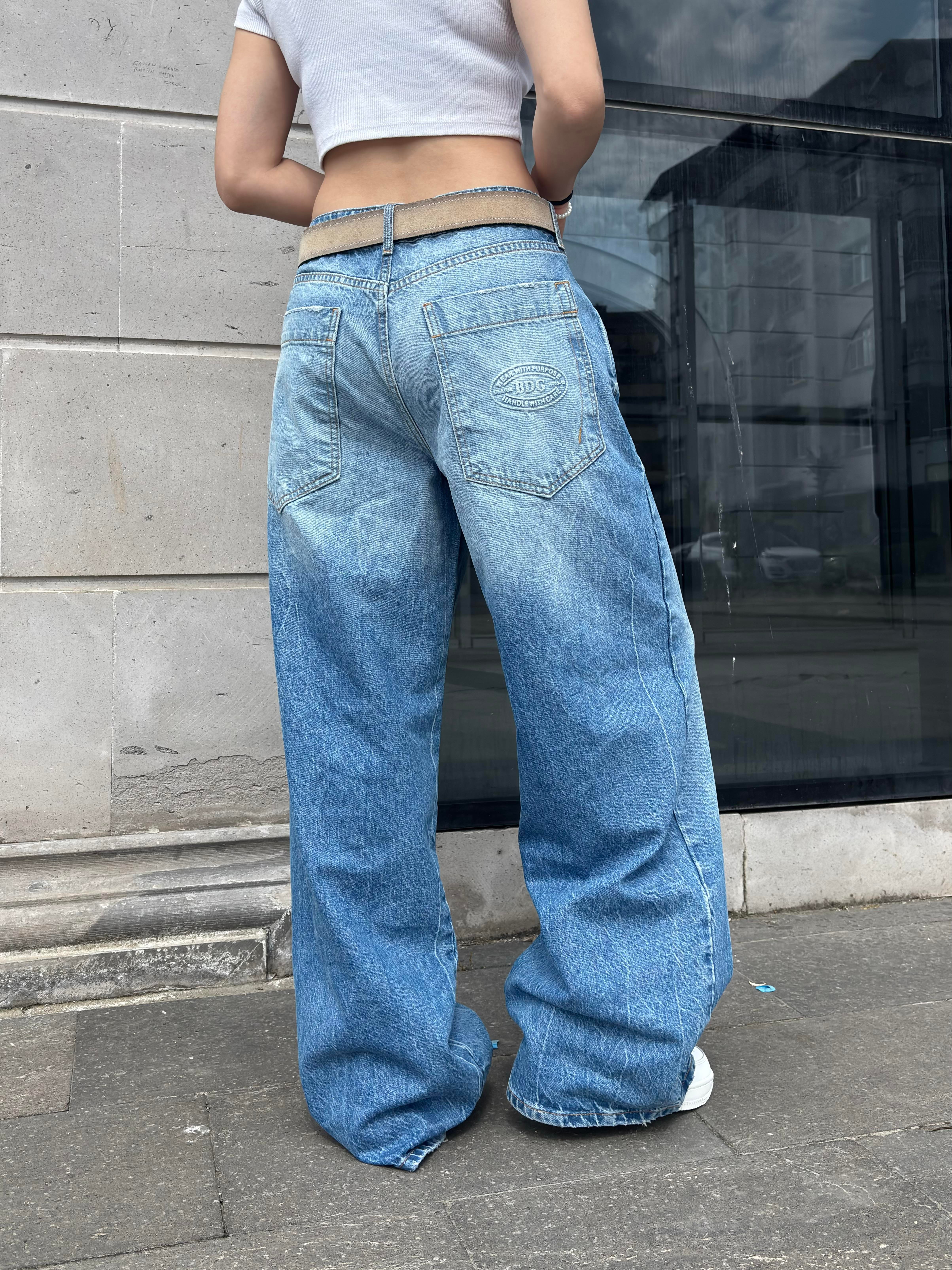 Blue Eskitme Stamped Pocket Baggy Denim Jean
