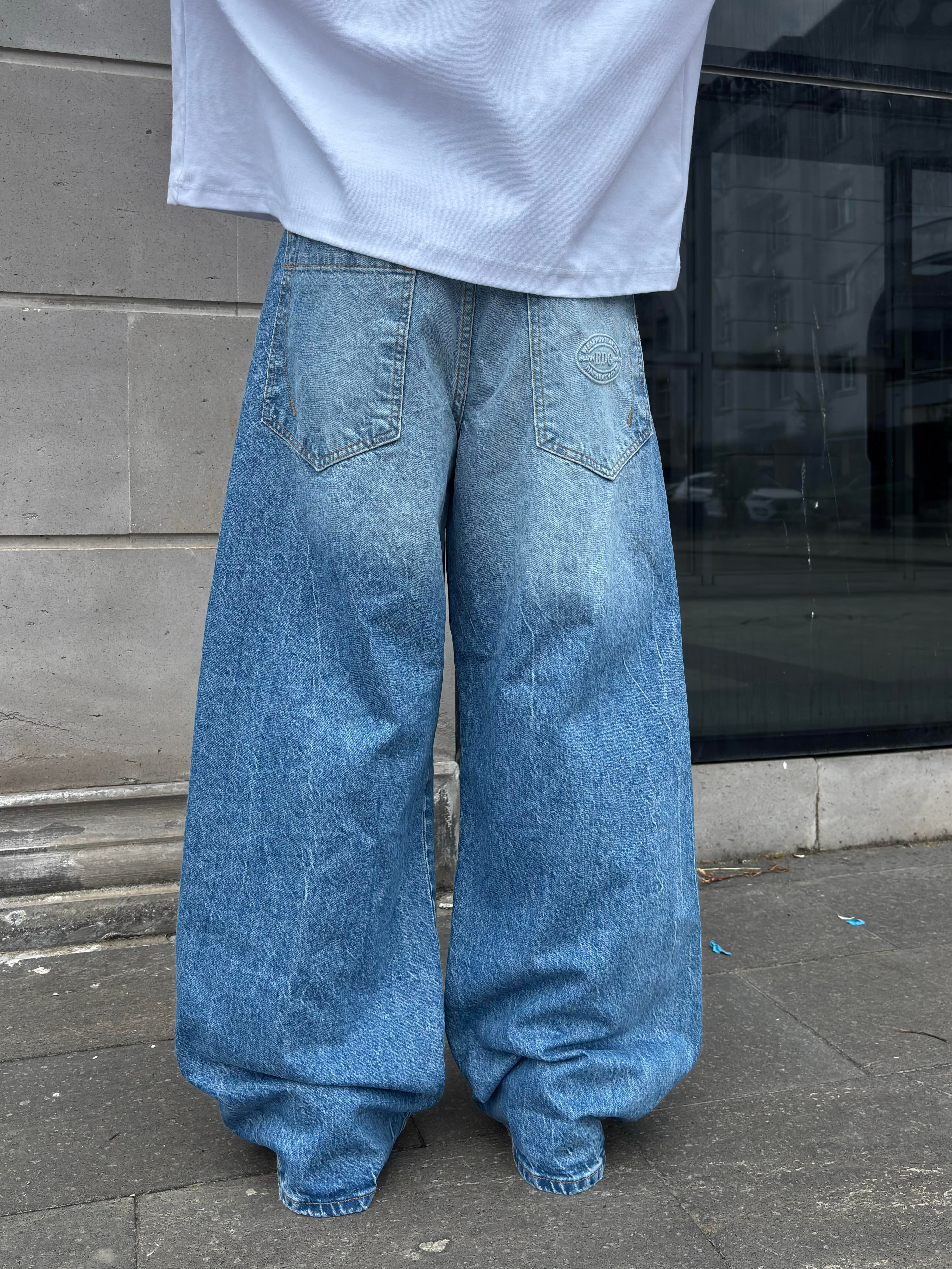 Blue Eskitme Stamped Pocket Baggy Denim Jean