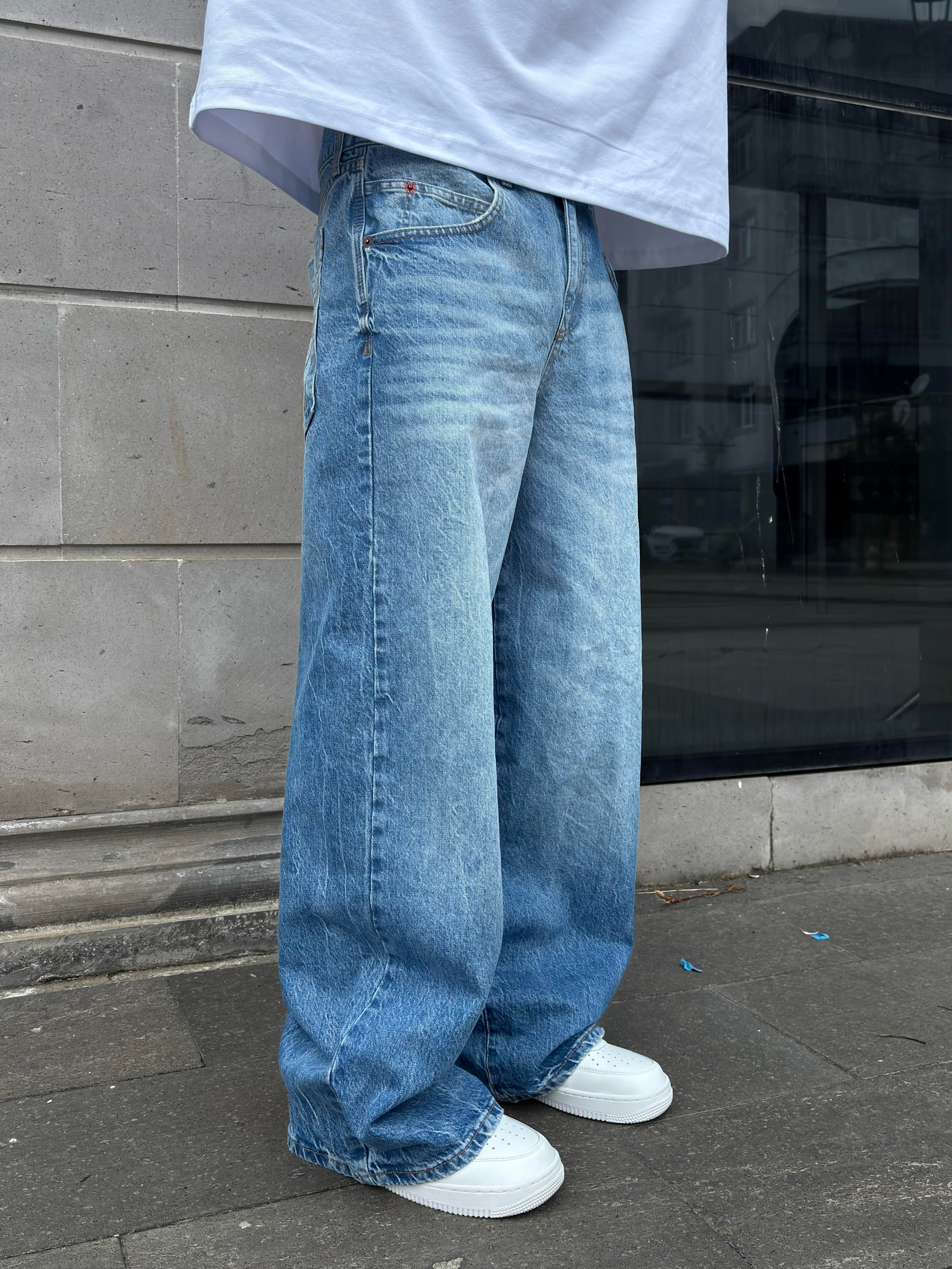Blue Eskitme Stamped Pocket Baggy Denim Jean