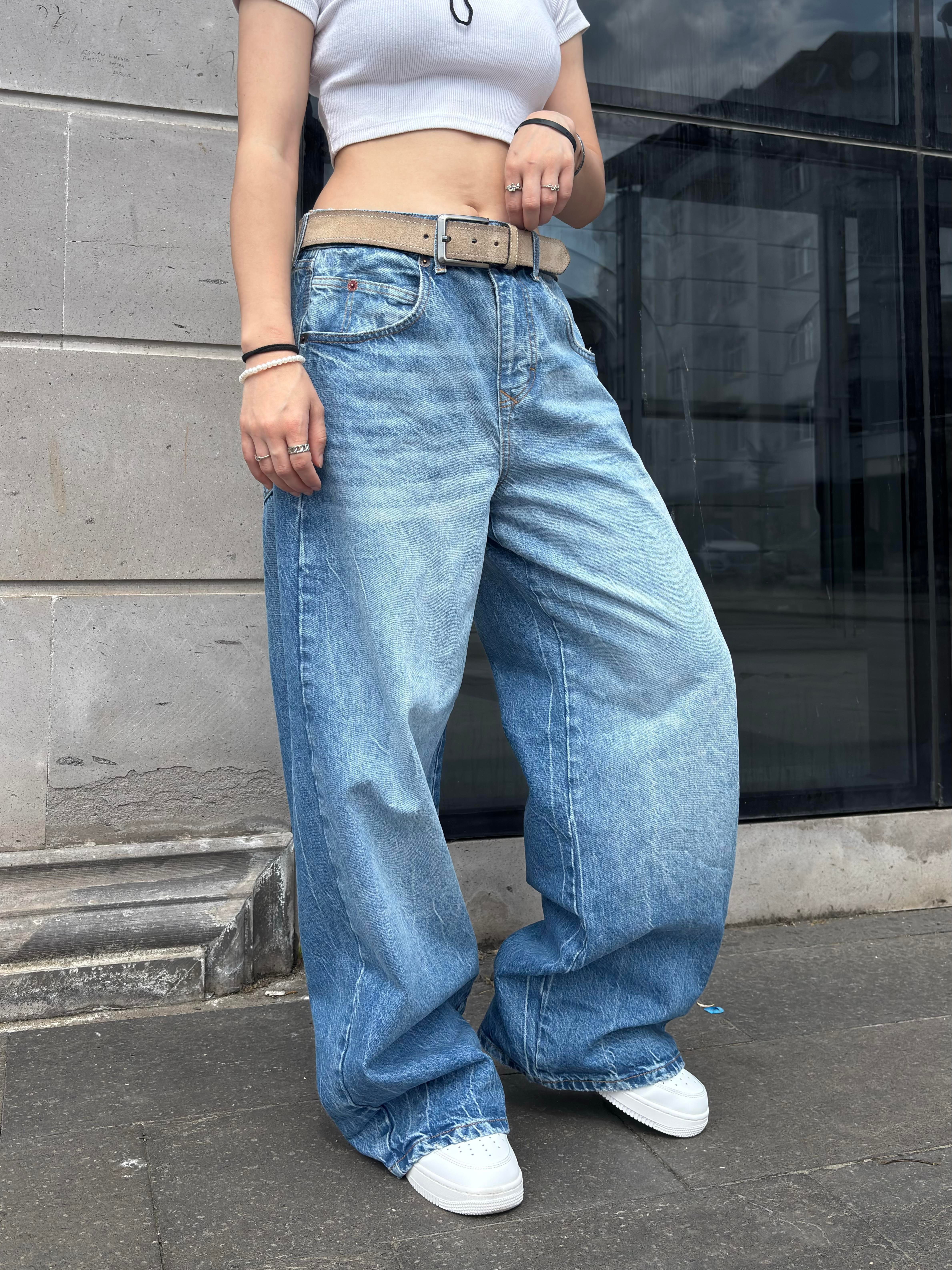 Blue Eskitme Stamped Pocket Baggy Denim Jean