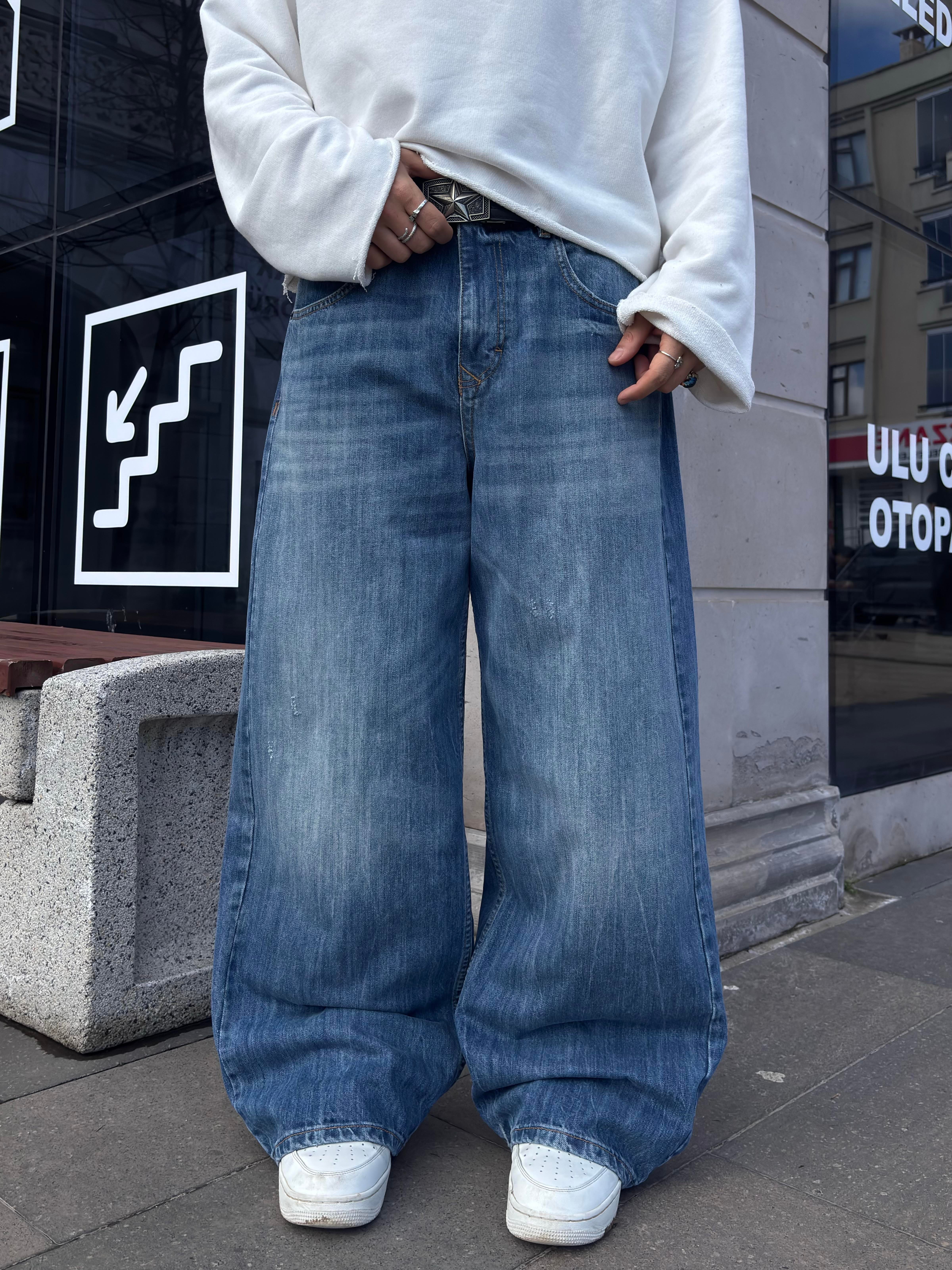 Blue Eskitme Stamped Pocket Baggy Denim Jean2