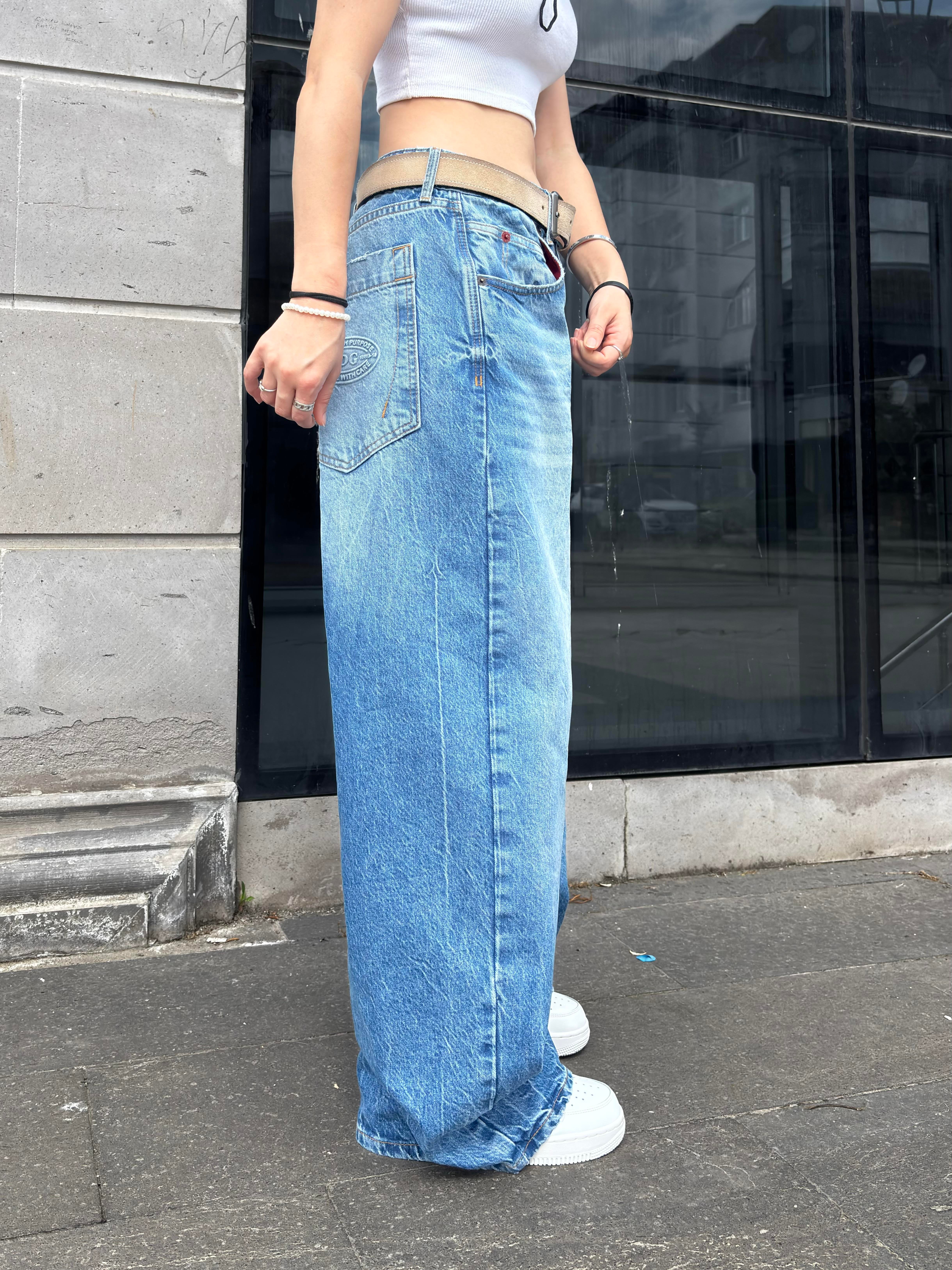 Blue Eskitme Stamped Pocket Baggy Denim Jean