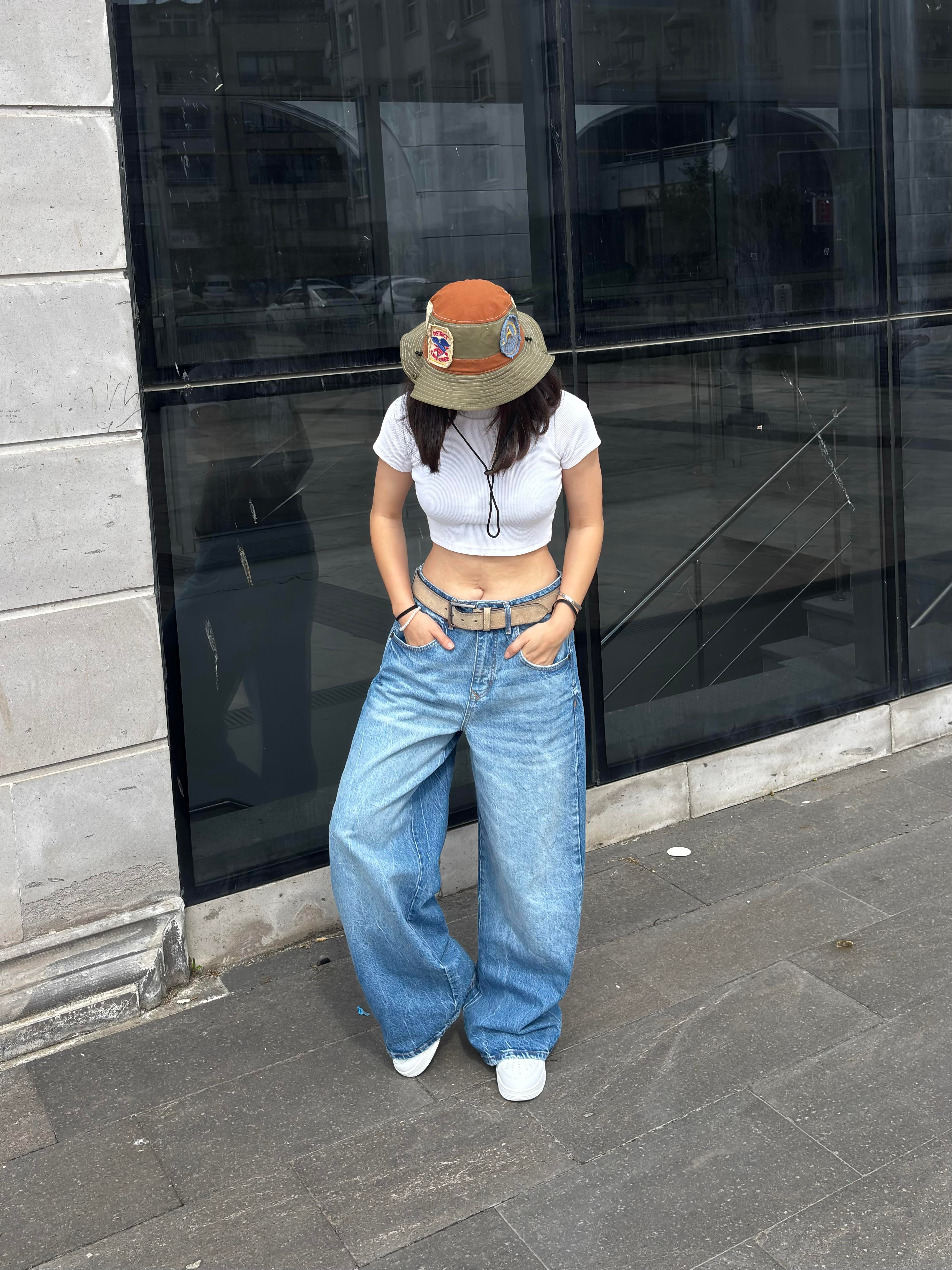 Blue Eskitme Stamped Pocket Baggy Denim Jean