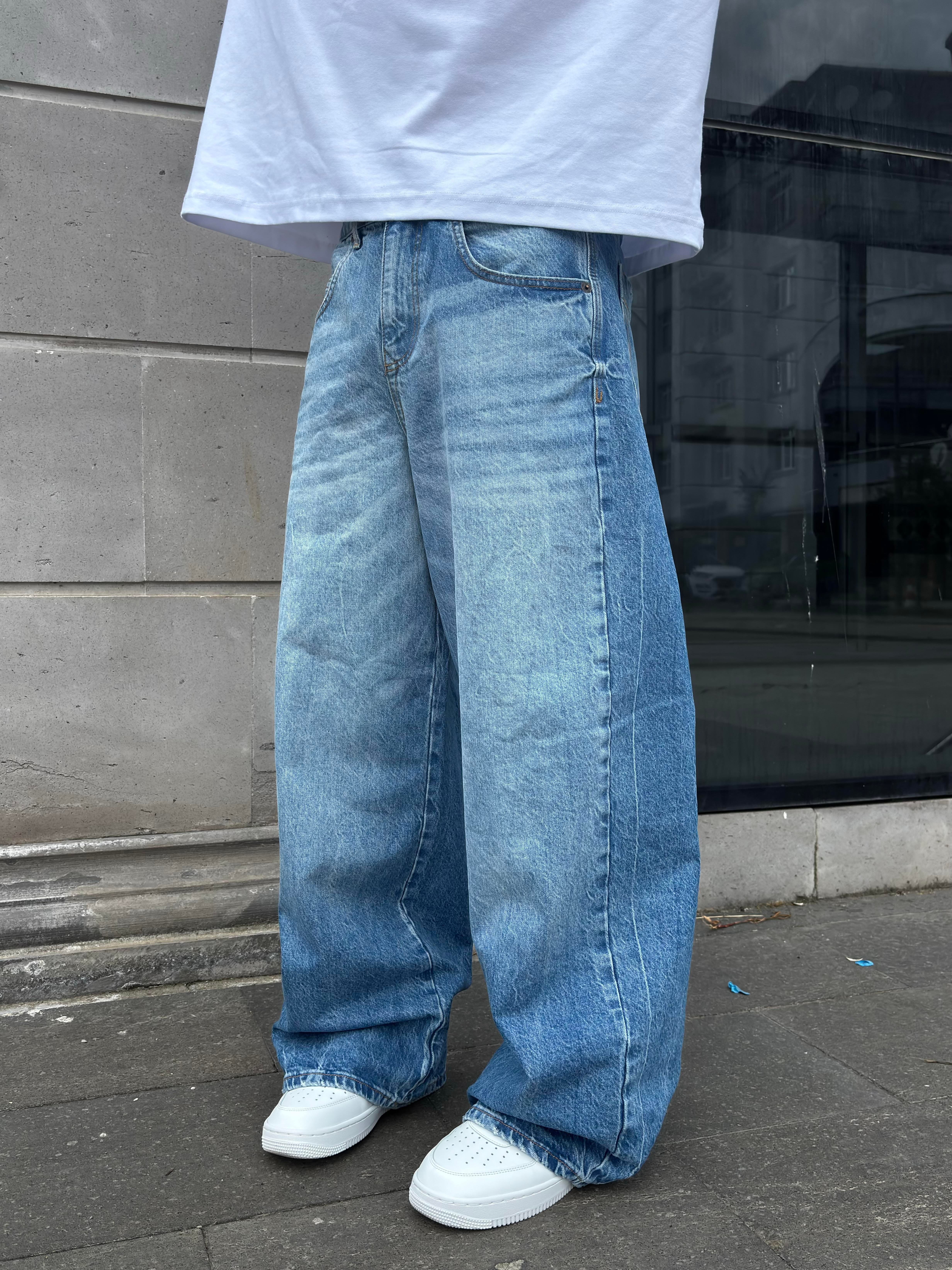 Blue Eskitme Stamped Pocket Baggy Denim Jean
