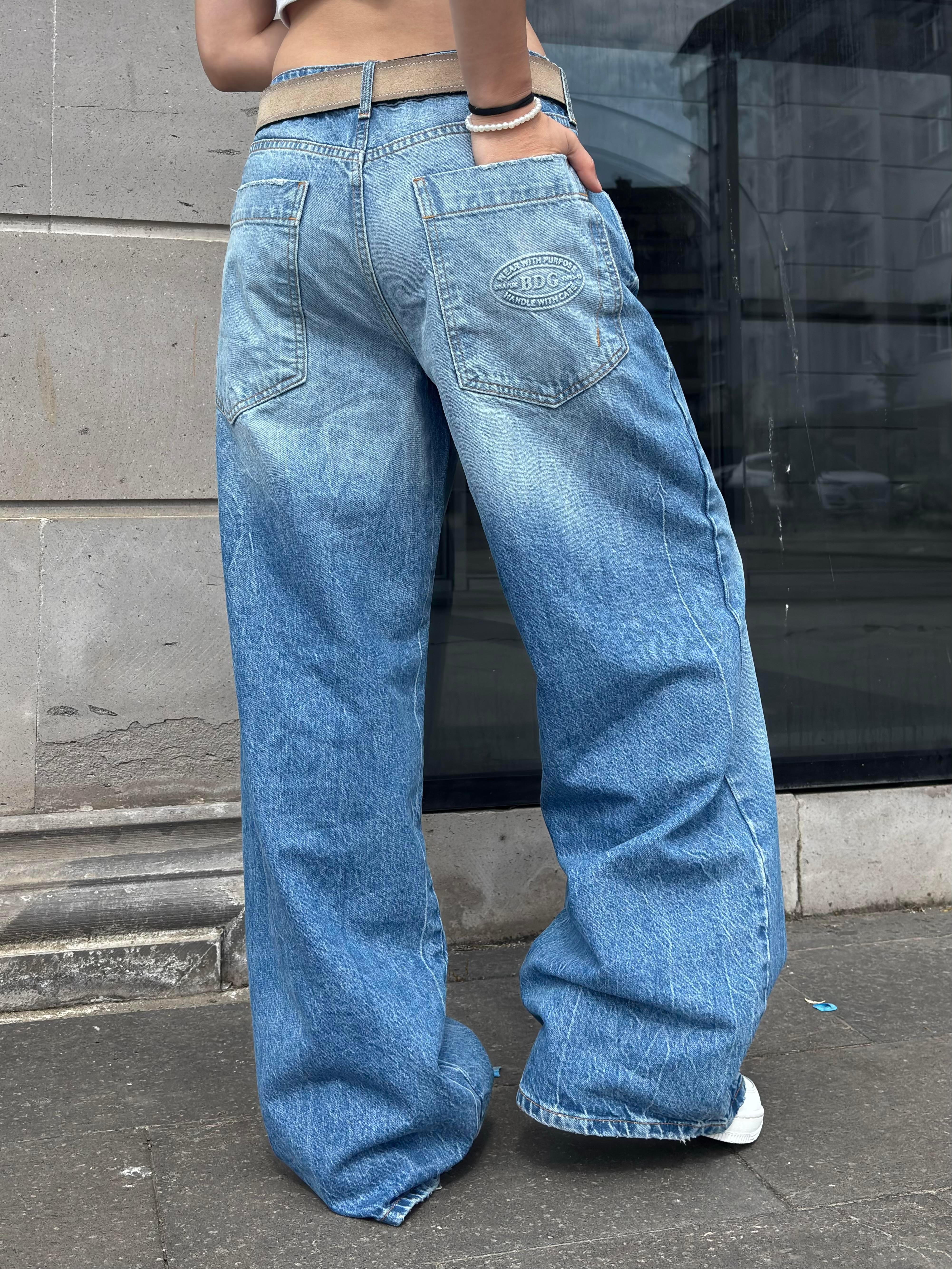Blue Eskitme Stamped Pocket Baggy Denim Jean