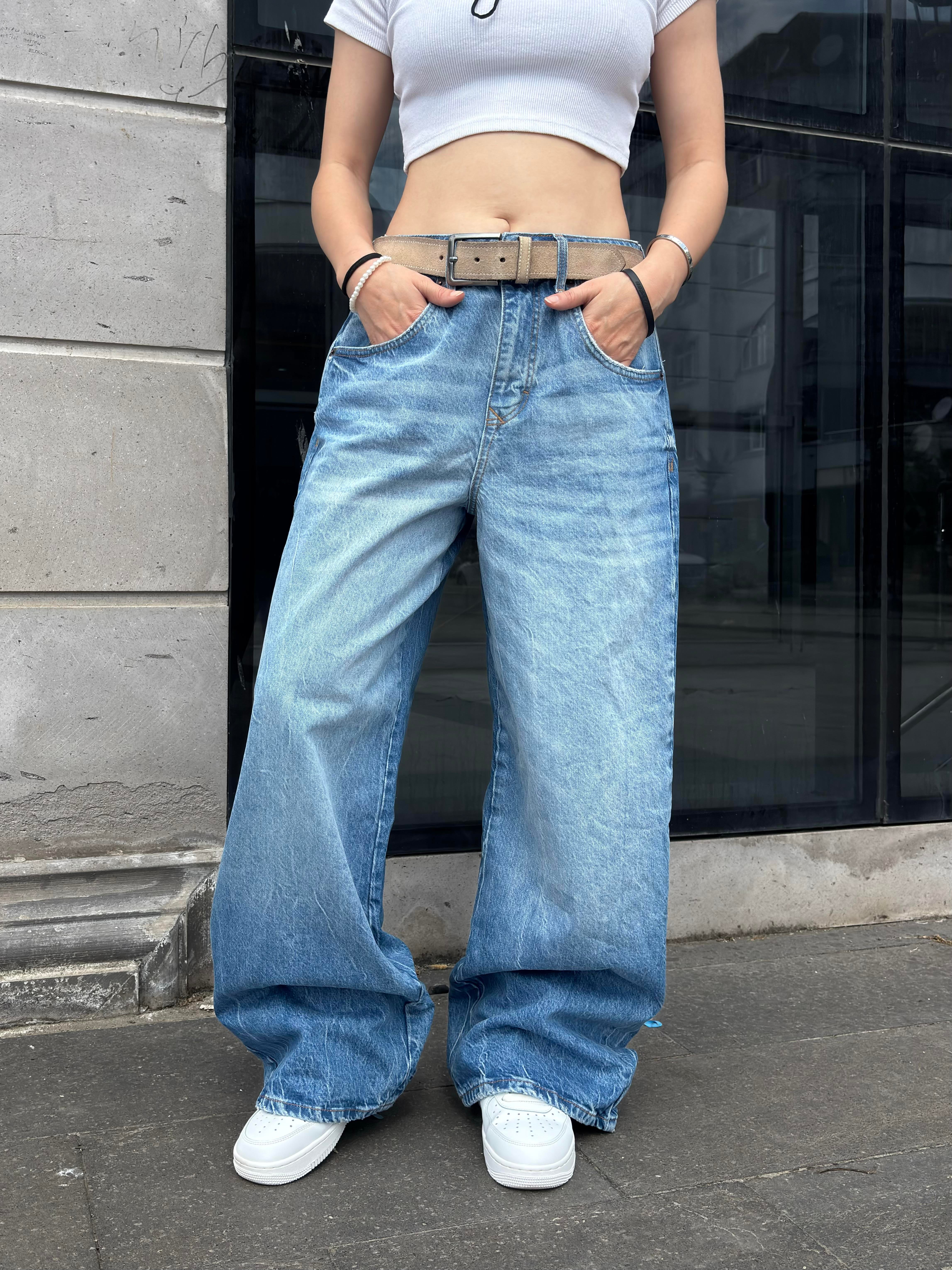 Blue Eskitme Stamped Pocket Baggy Denim Jean