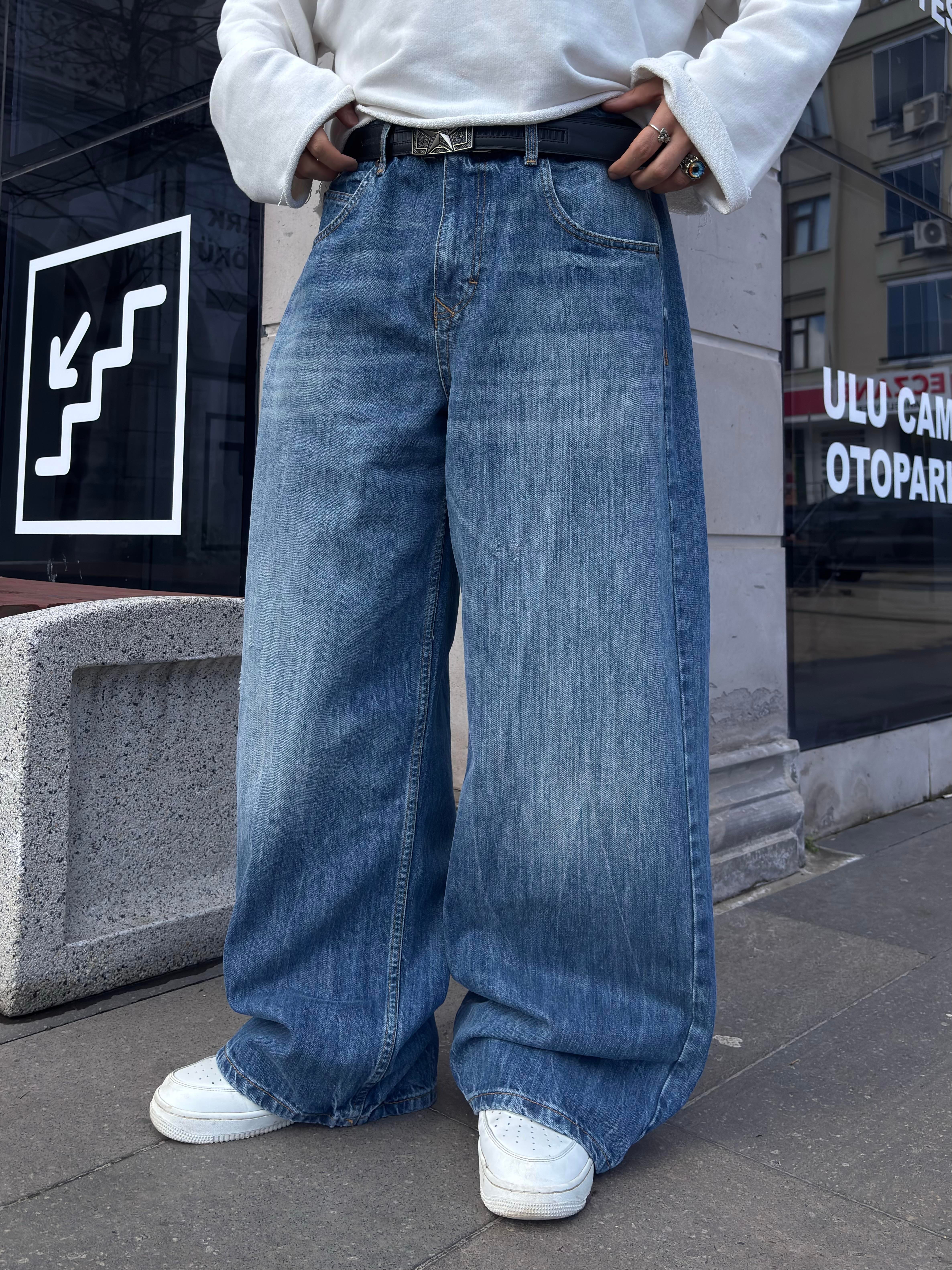 Blue Eskitme Stamped Pocket Baggy Denim Jean2