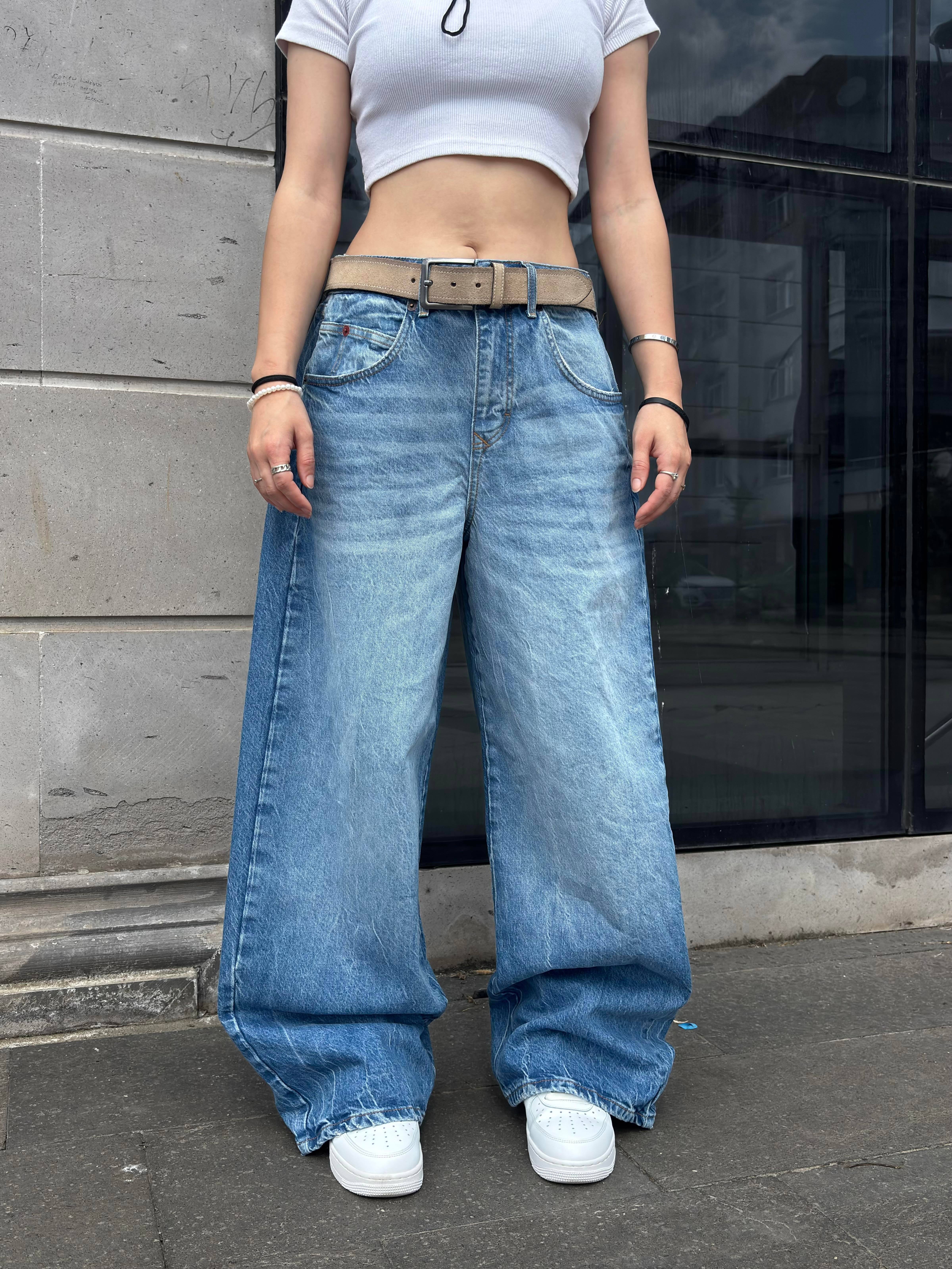 Blue Eskitme Stamped Pocket Baggy Denim Jean