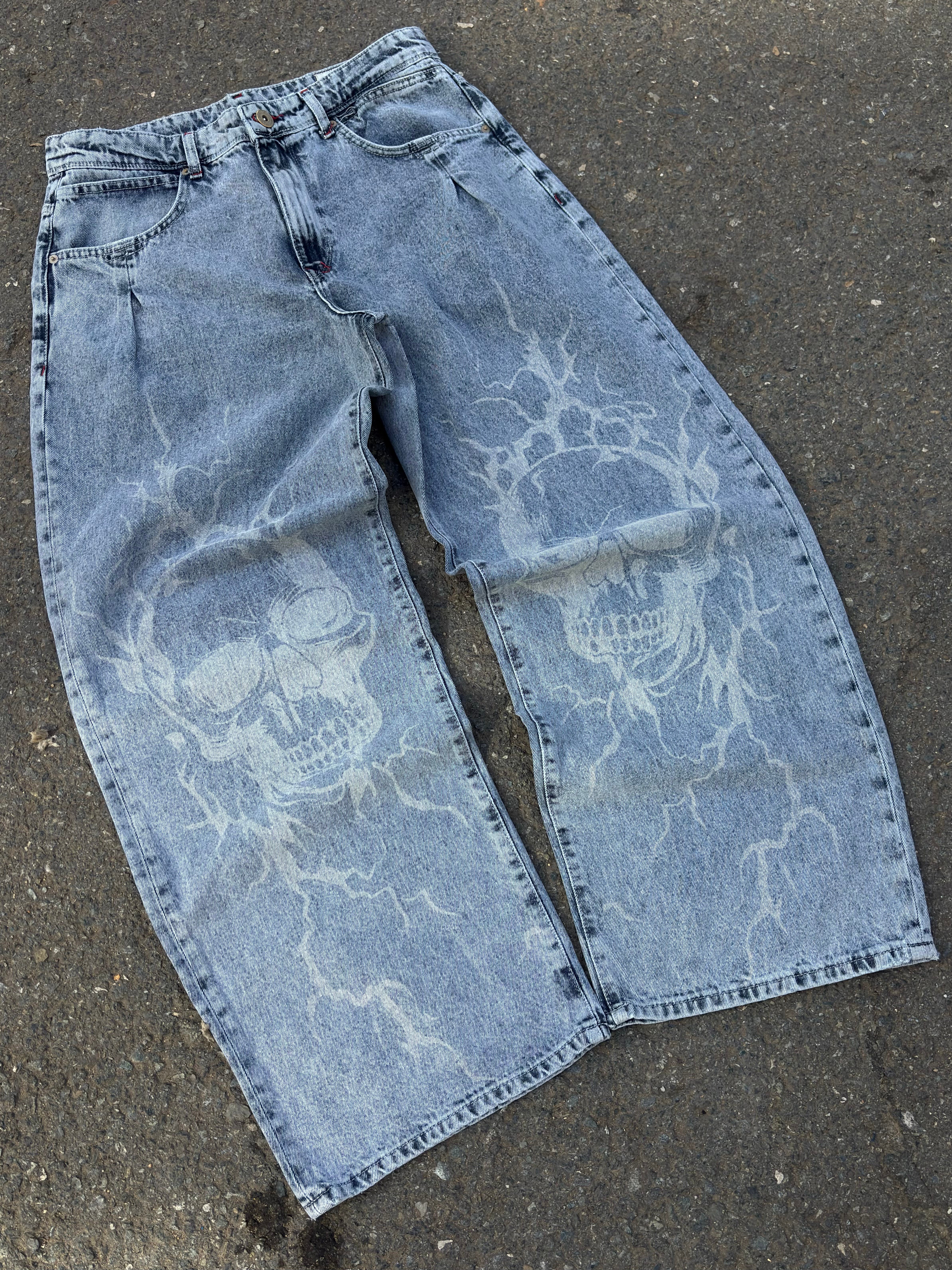Blue Wash Volt Skull Unisex Baggy Jean