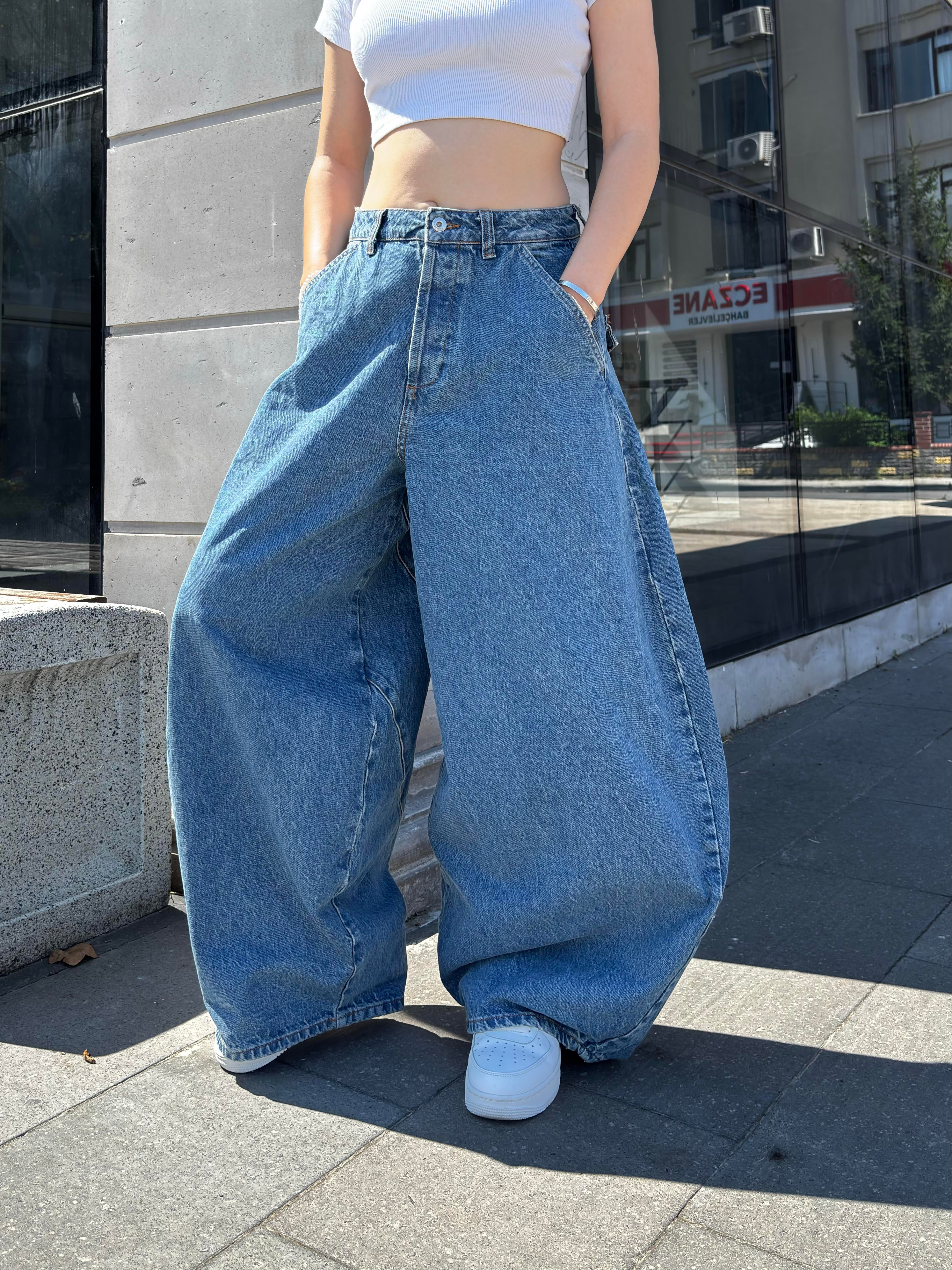 Blue Washed Cinch Back Balloon Jeans