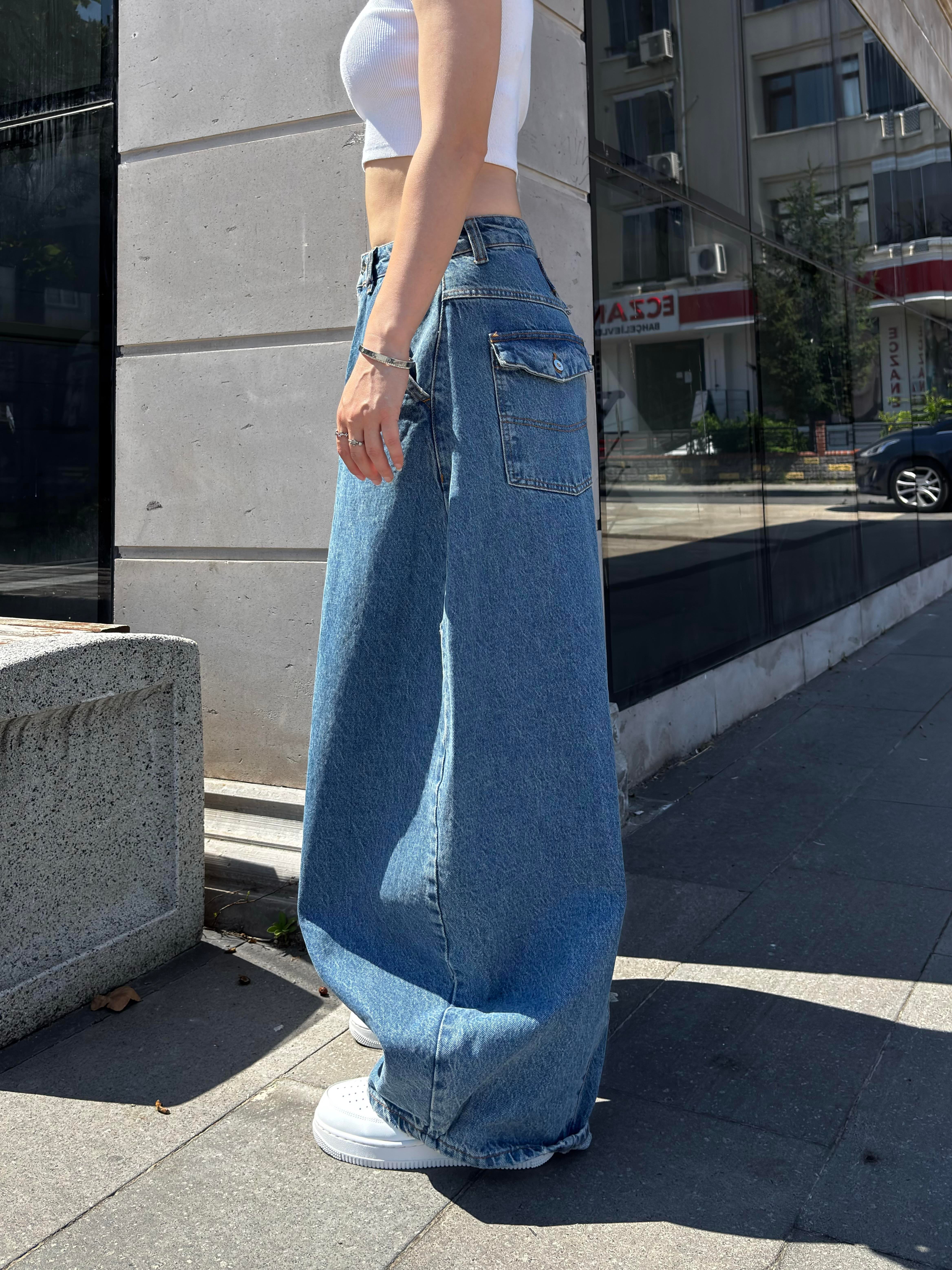 Blue Washed Cinch Back Balloon Jeans