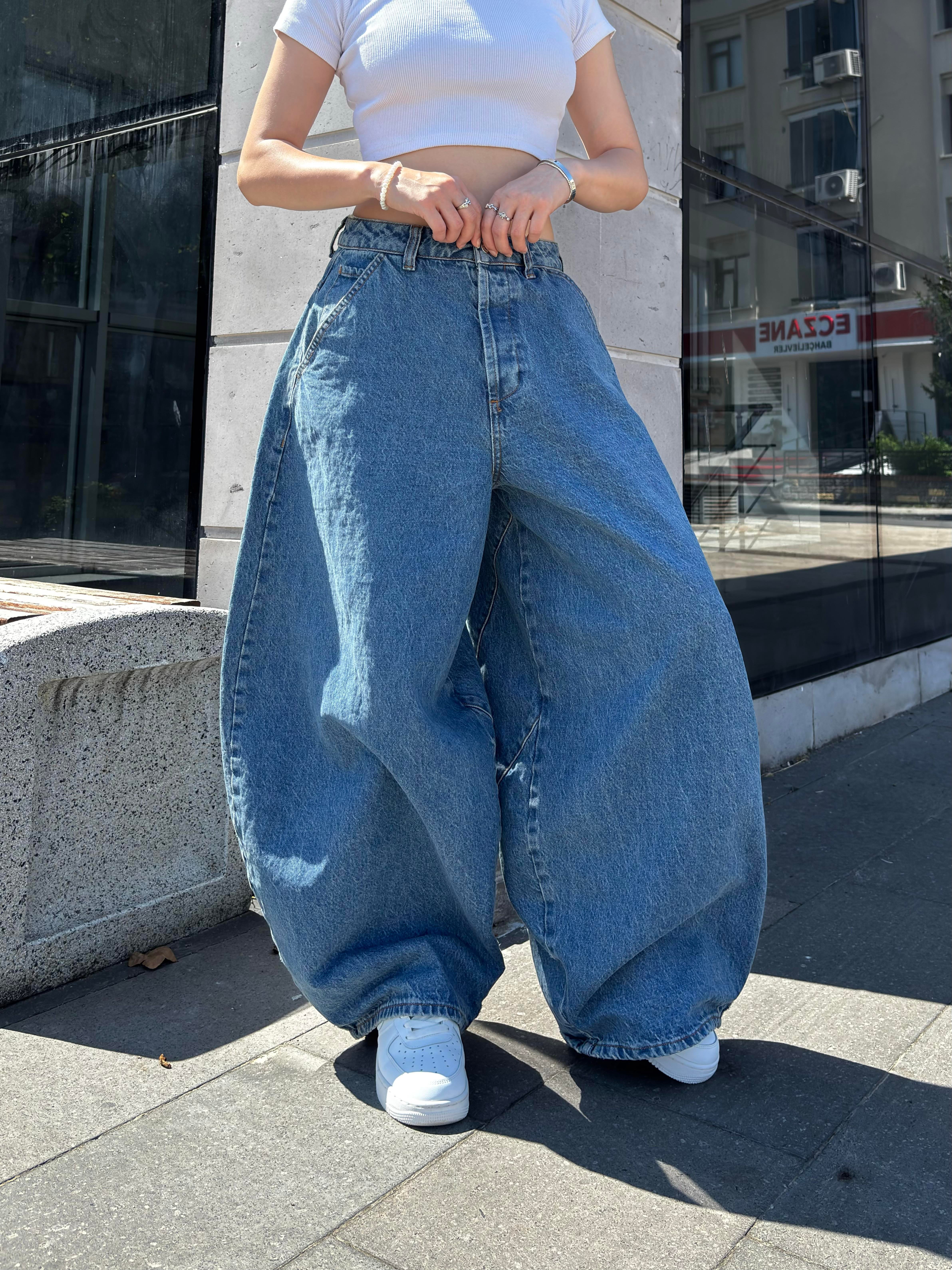 Blue Washed Cinch Back Balloon Jeans