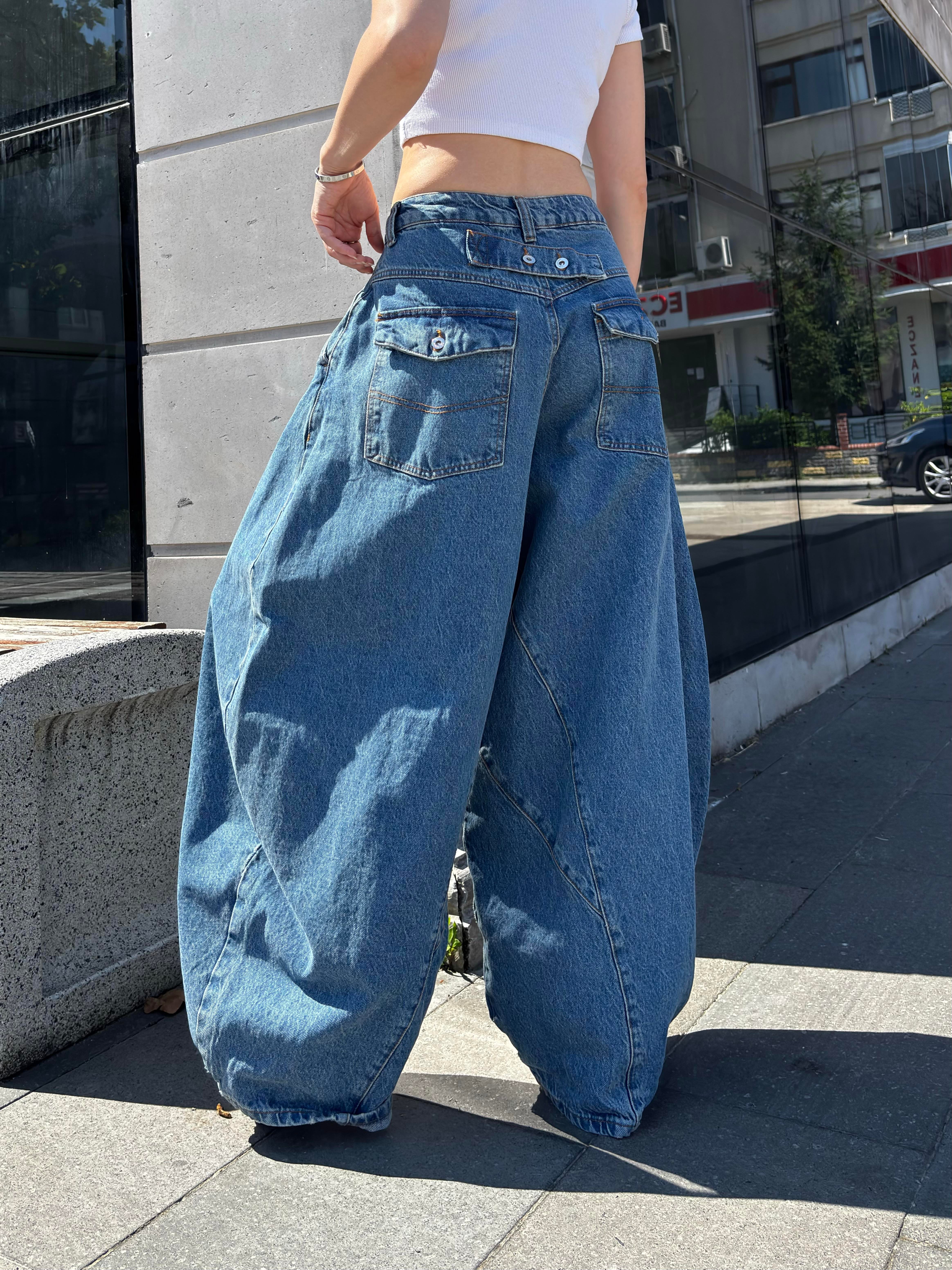 Blue Washed Cinch Back Balloon Jeans