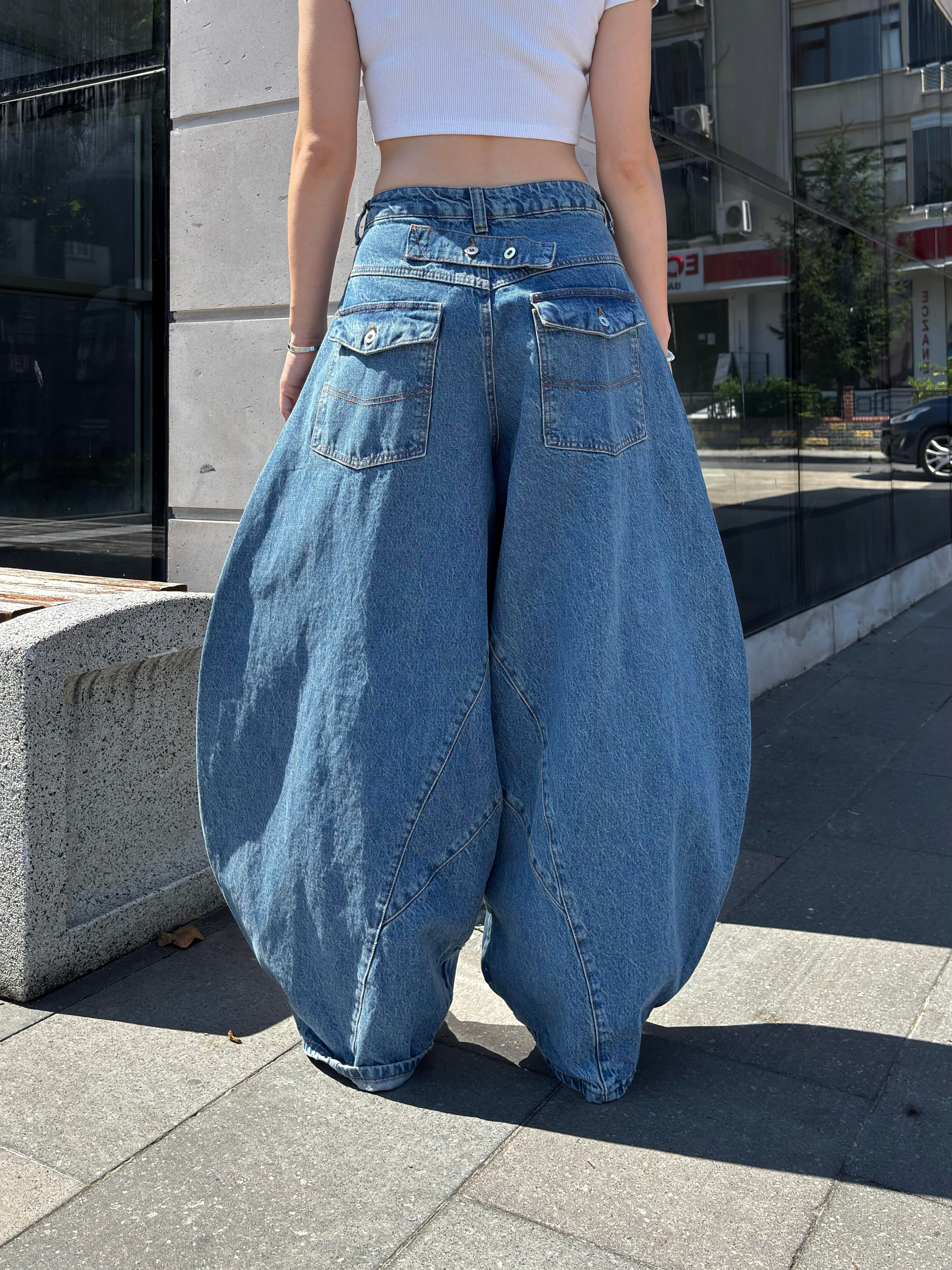 Blue Washed Cinch Back Balloon Jeans