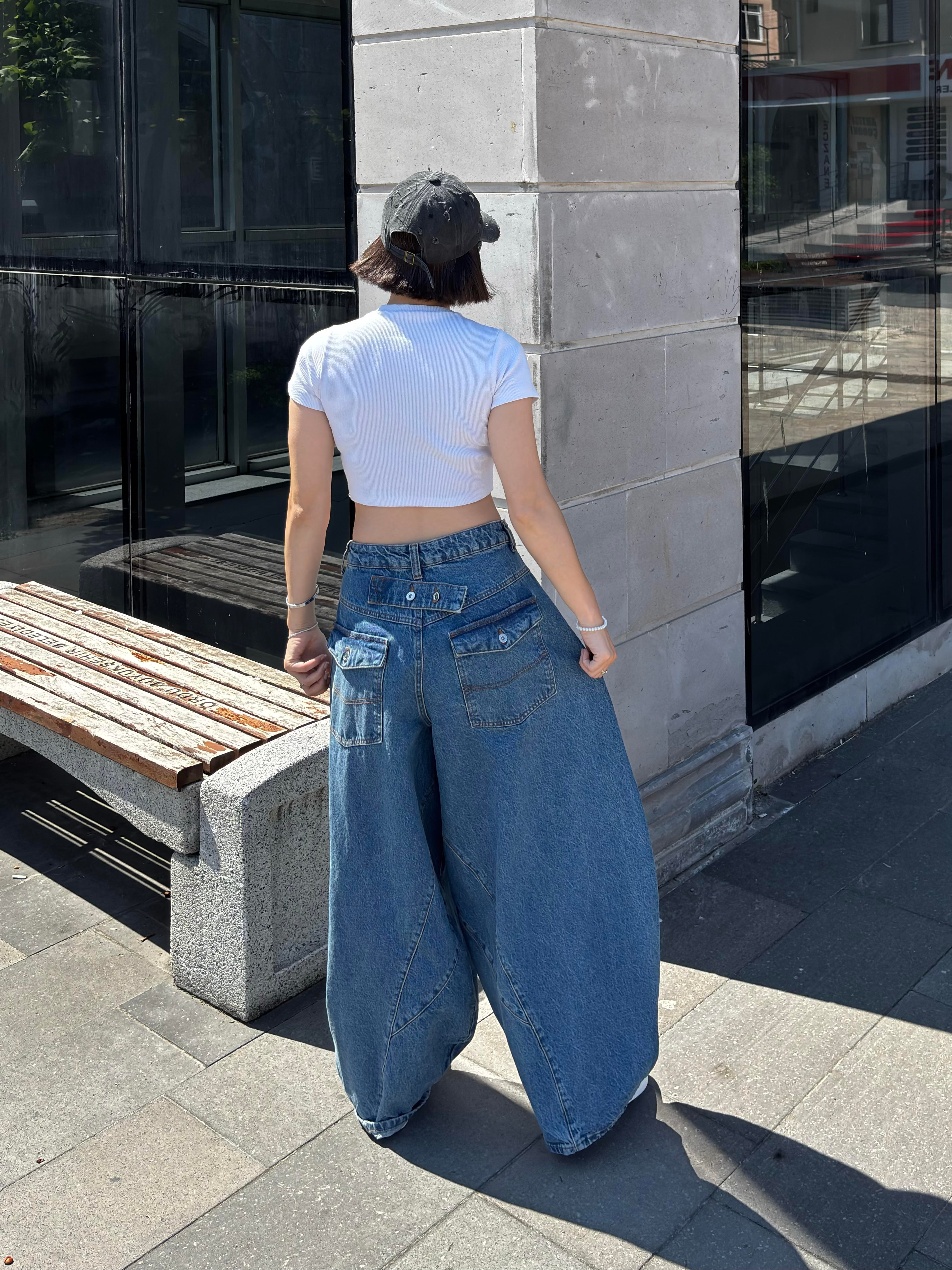 Blue Washed Cinch Back Balloon Jeans