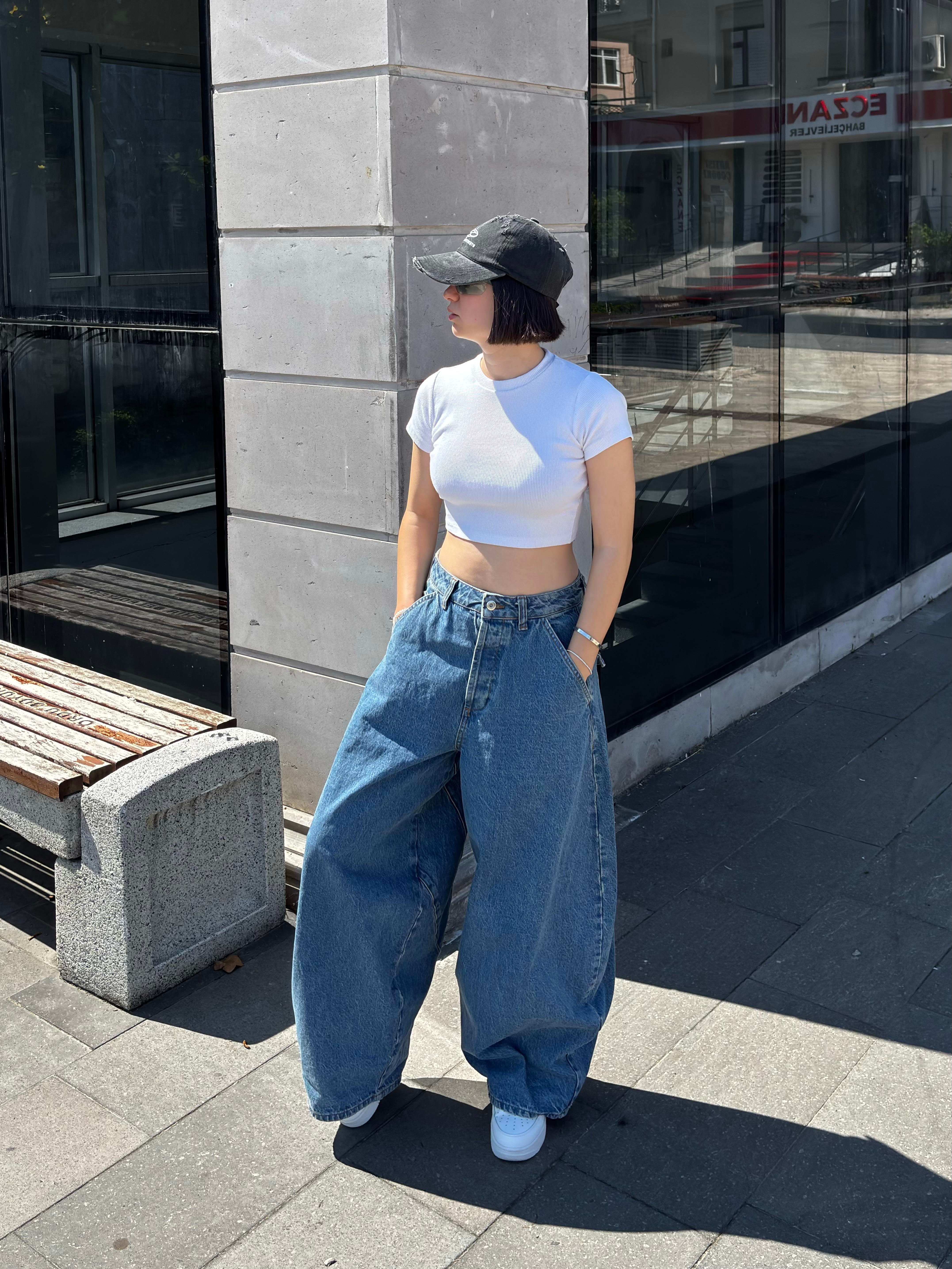 Blue Washed Cinch Back Balloon Jeans