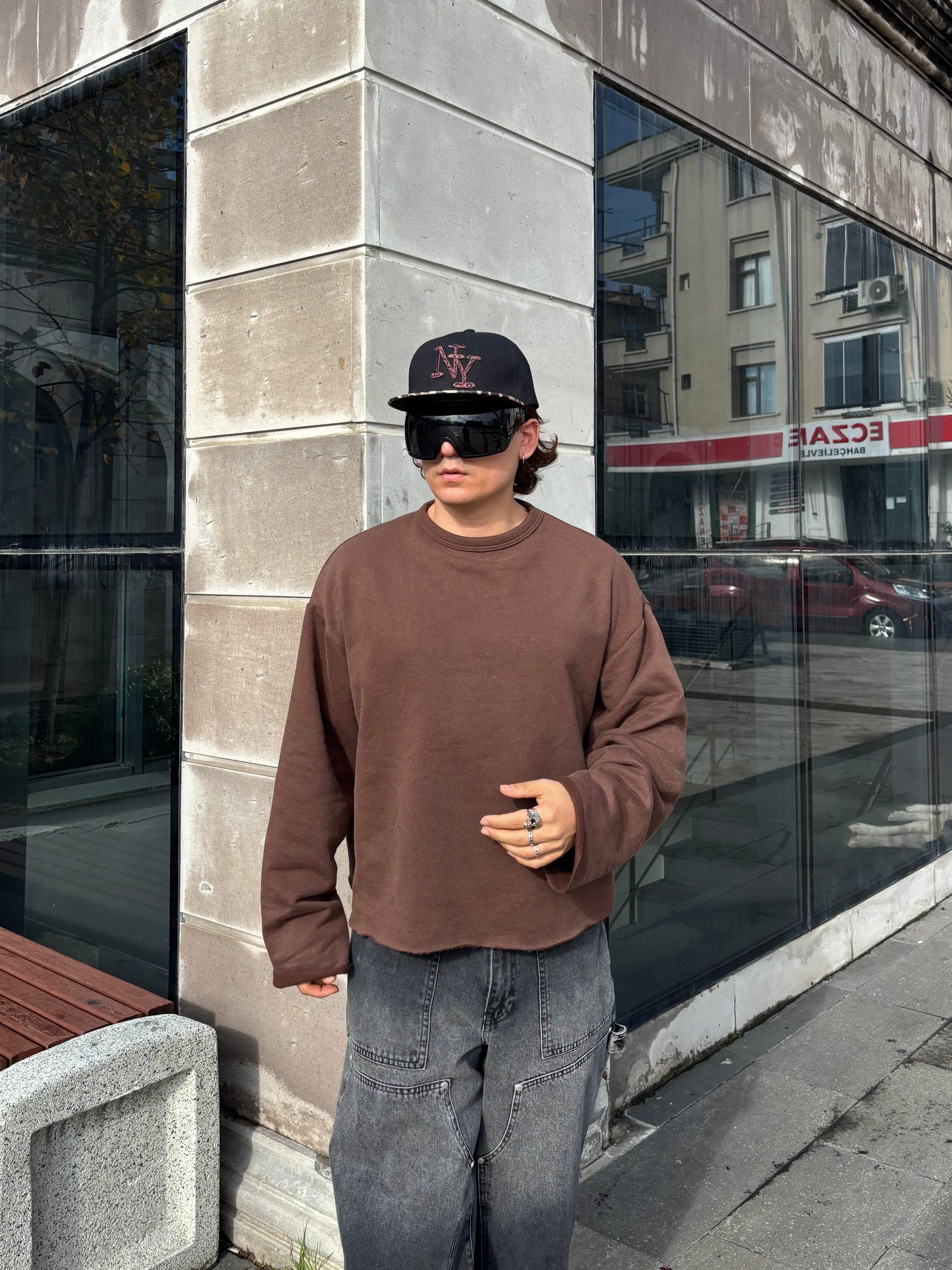 Brown Boxy Fit Cut-Off Sweatshirt
