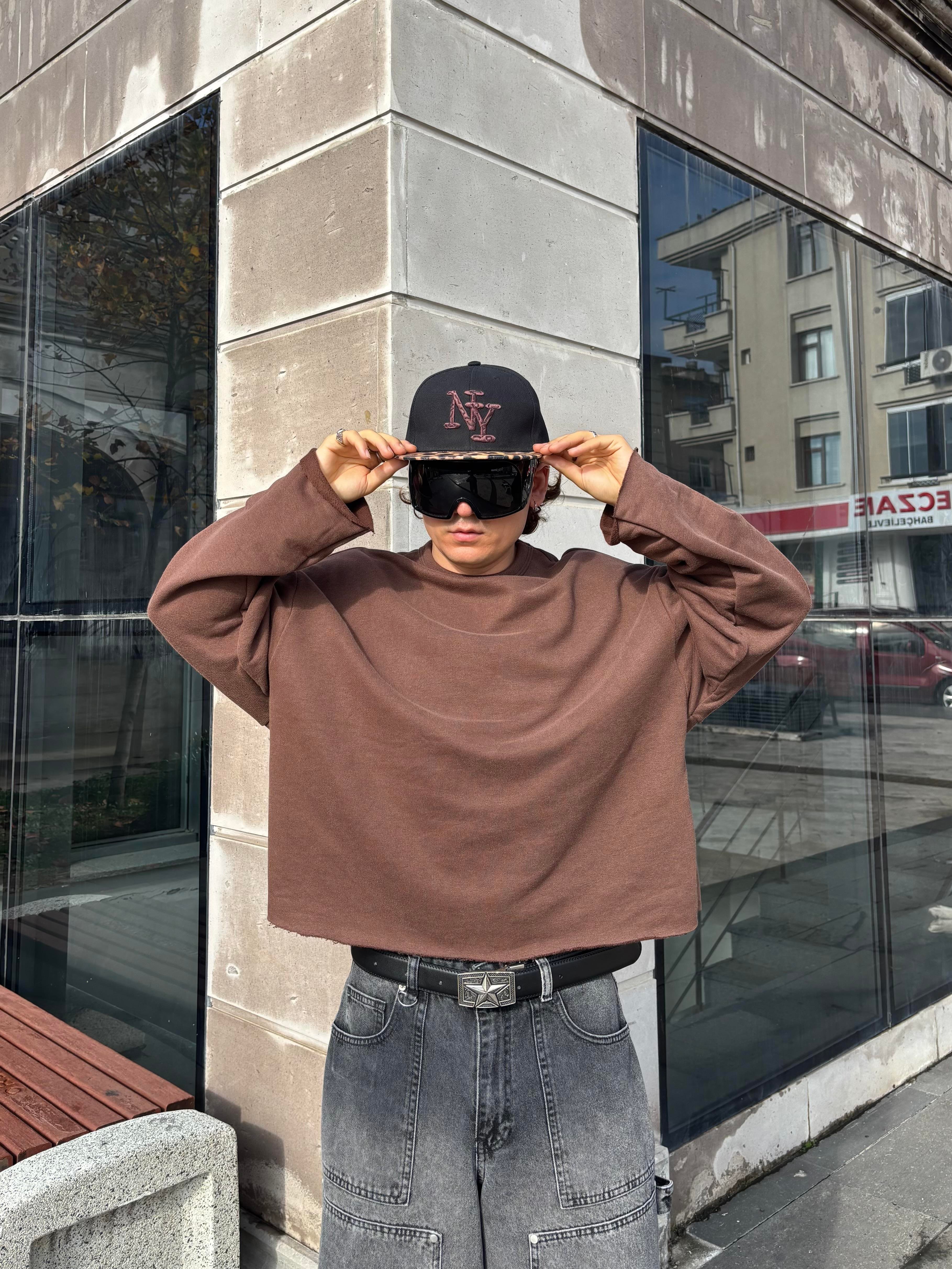 Brown Boxy Fit Cut-Off Sweatshirt