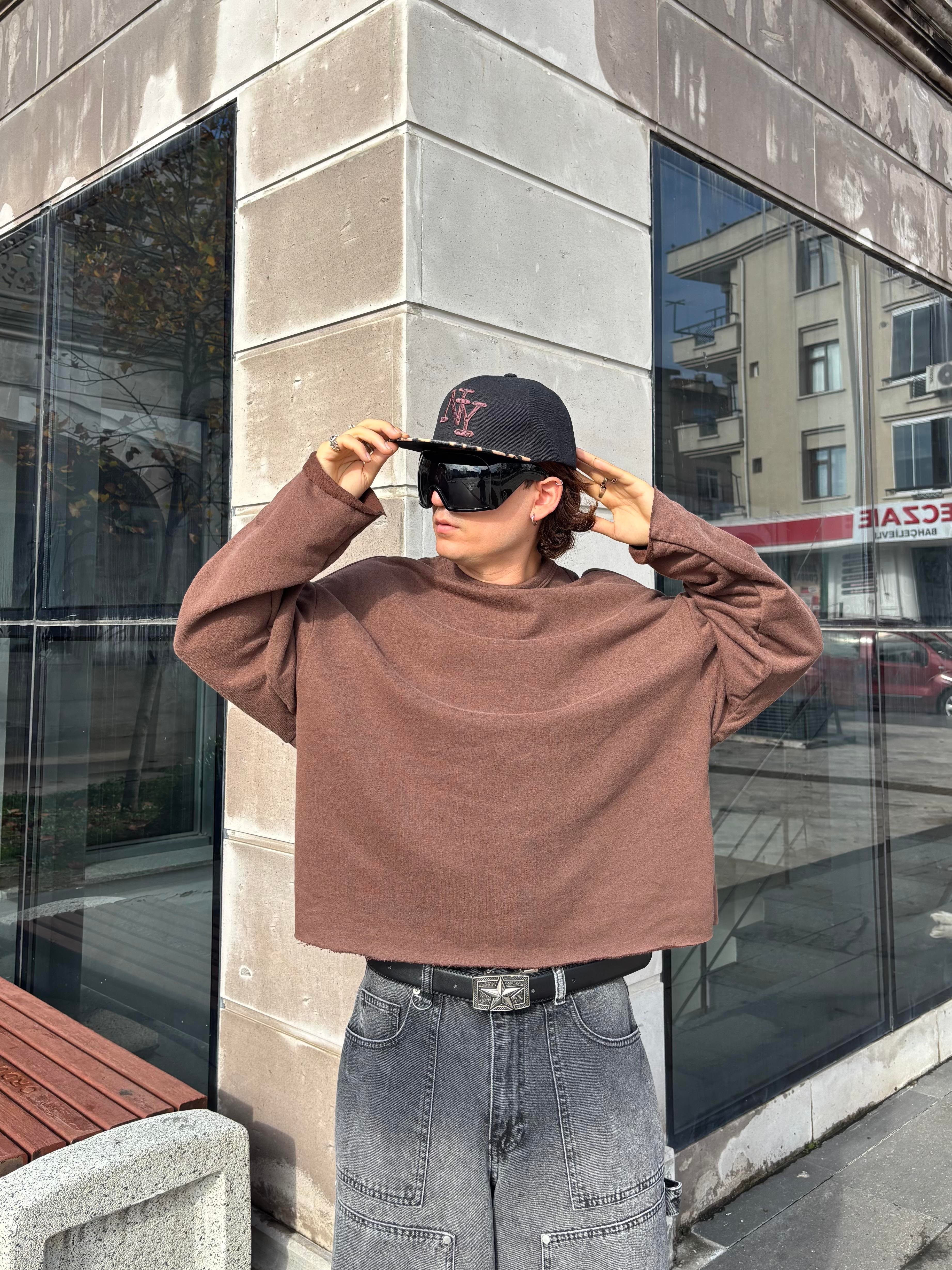 Brown Boxy Fit Cut-Off Sweatshirt