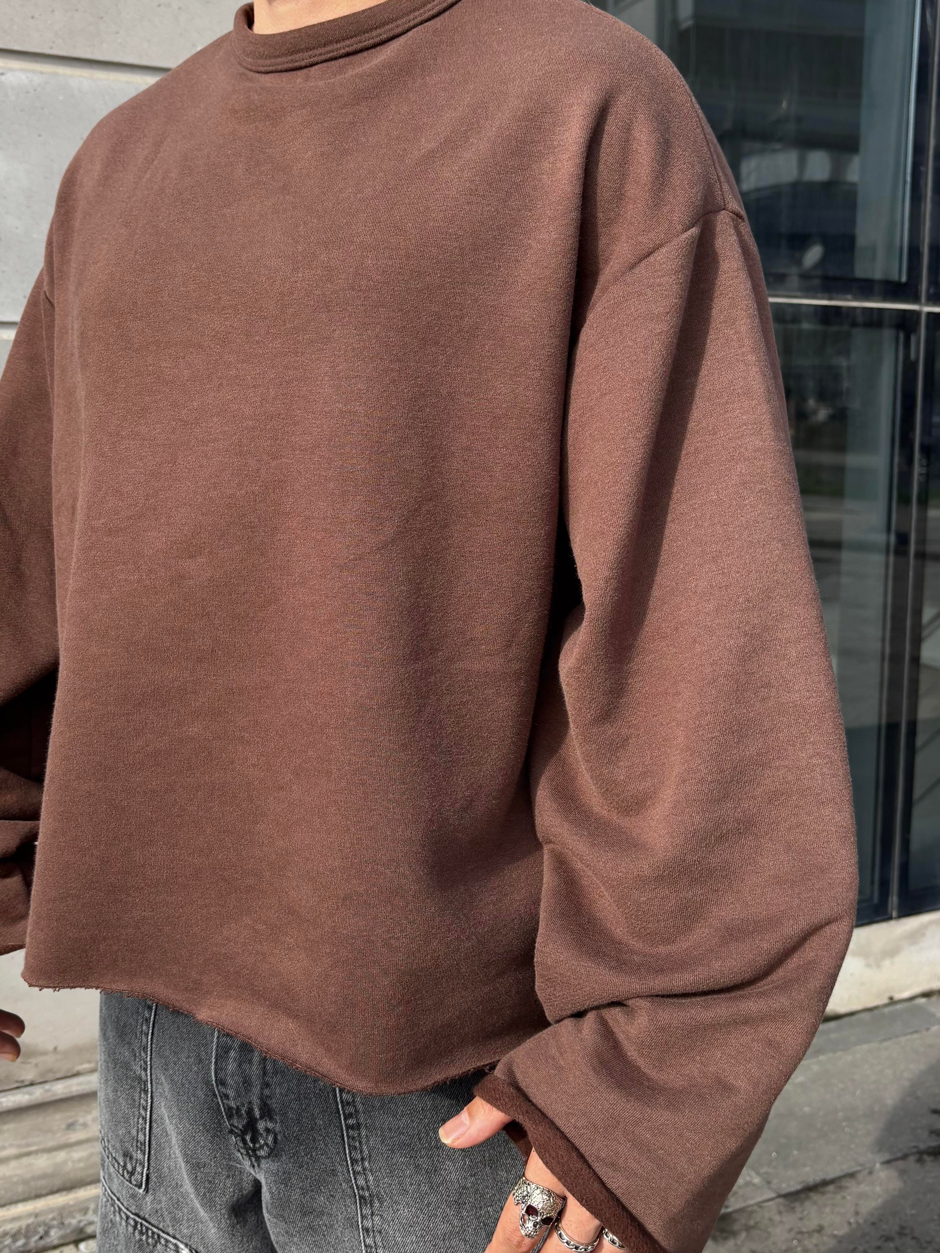 Brown Boxy Fit Cut-Off Sweatshirt