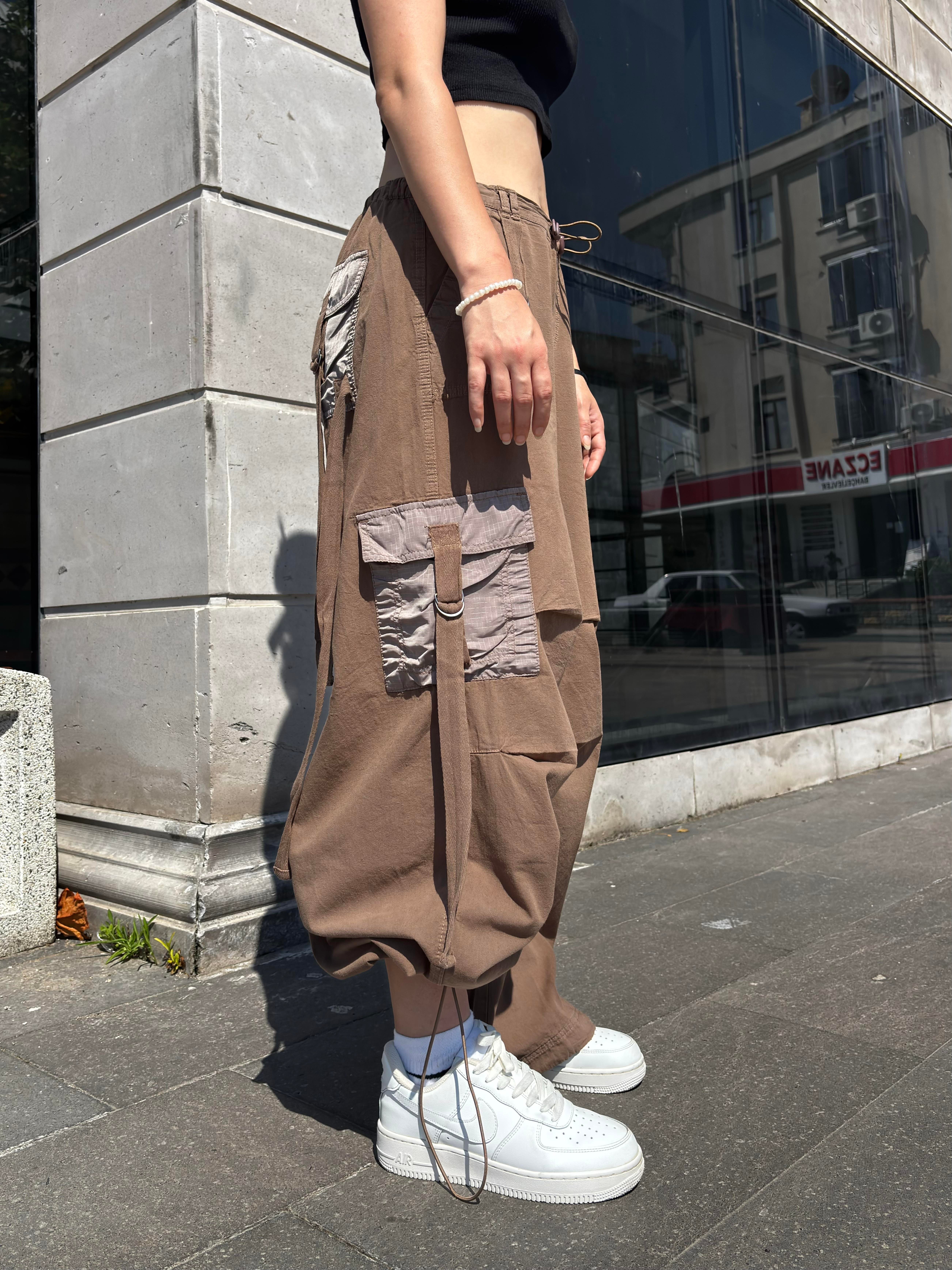 Brown Patchwork Multi Pocket Cargo Pants