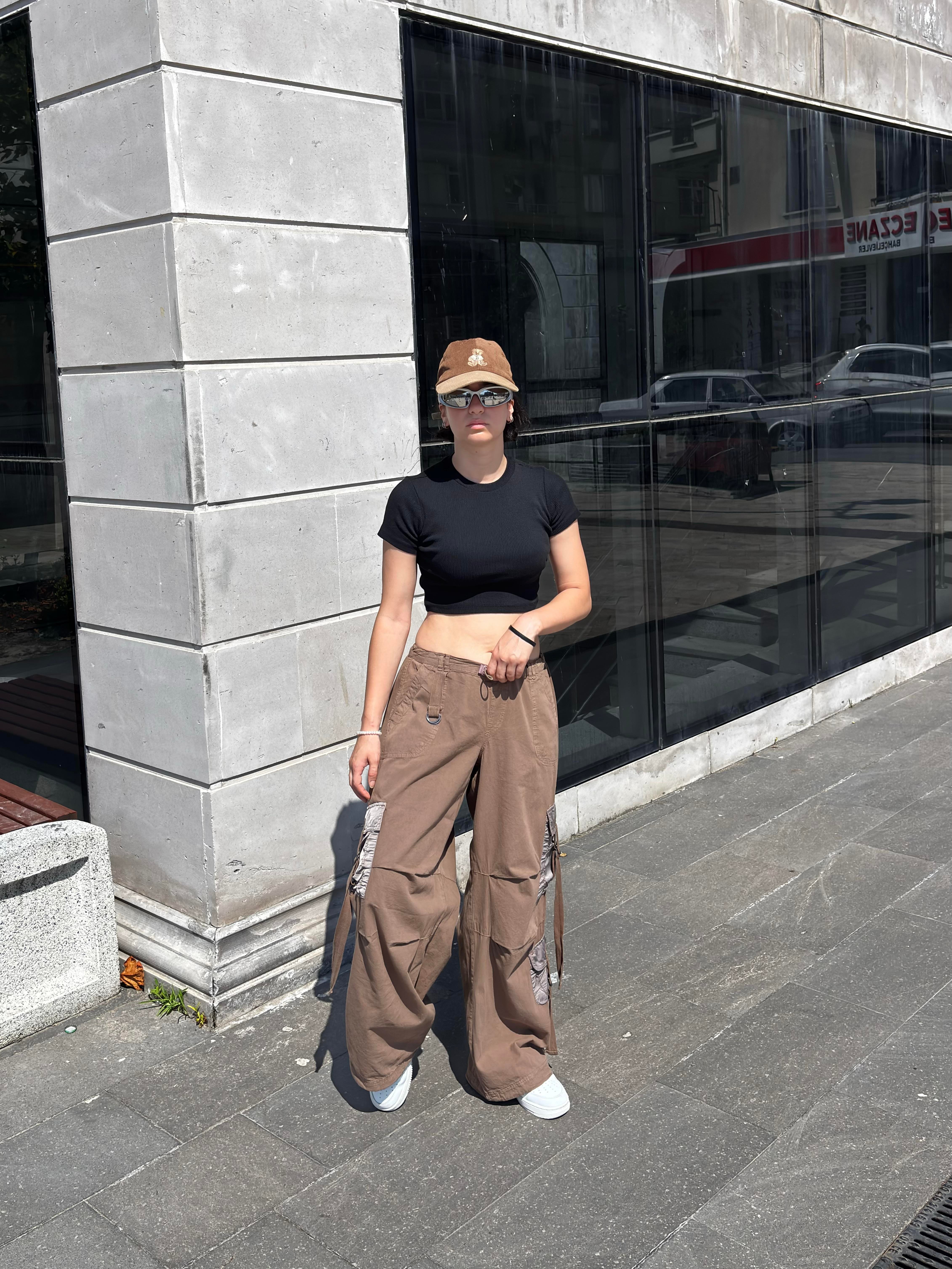 Brown Patchwork Multi Pocket Cargo Pants