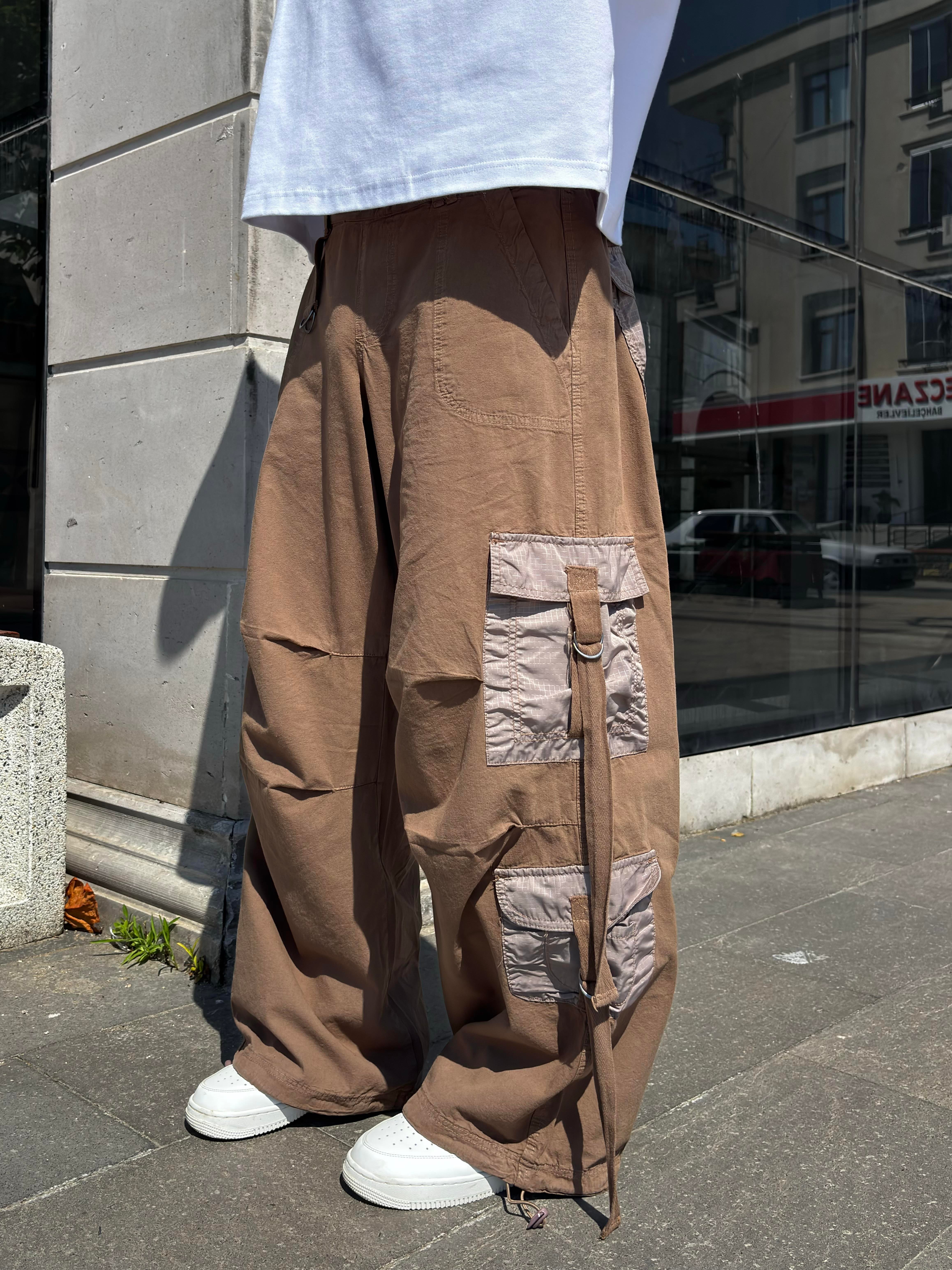 Brown Patchwork Multi Pocket Cargo Pants