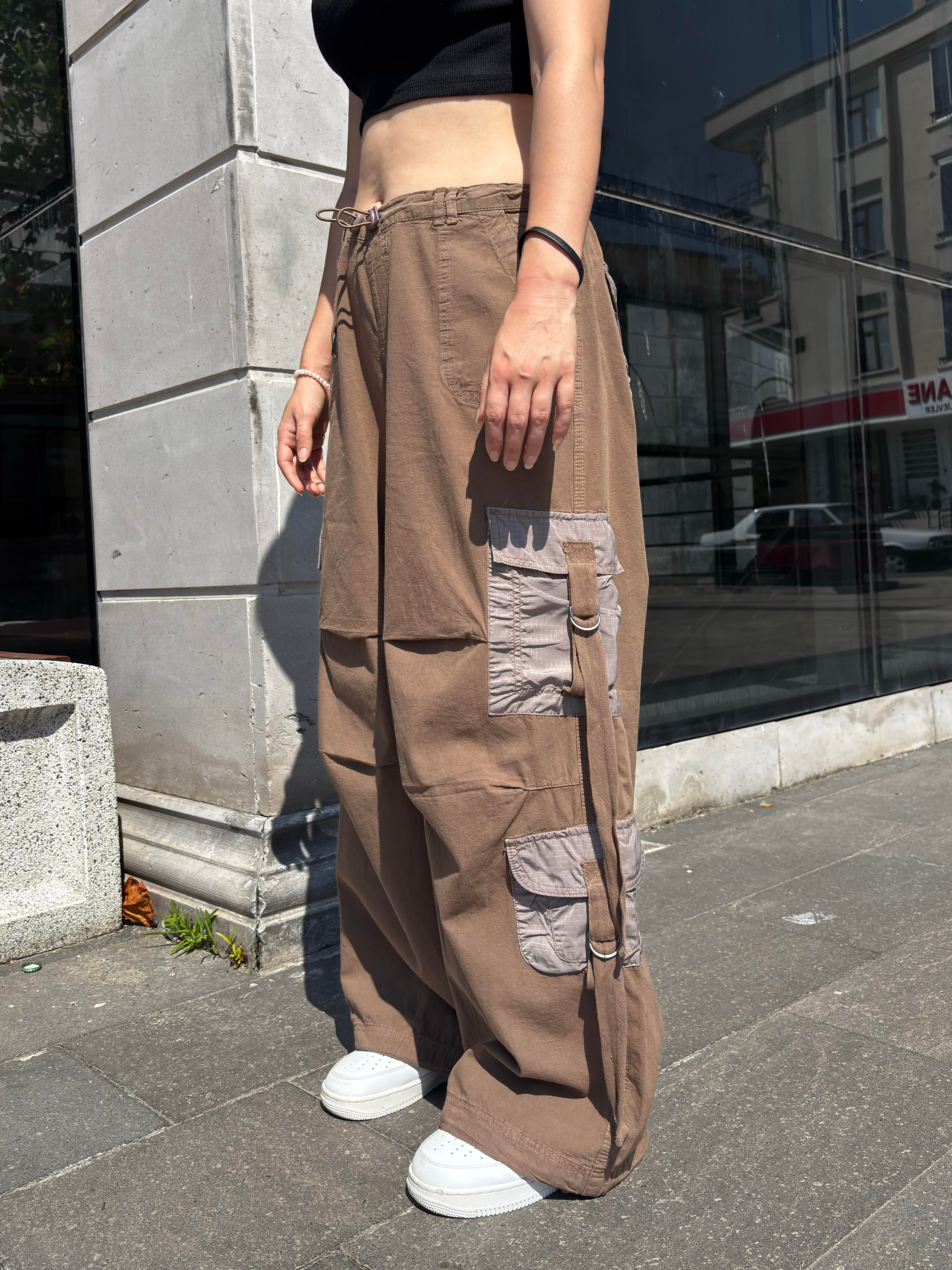 Brown Patchwork Multi Pocket Cargo Pants