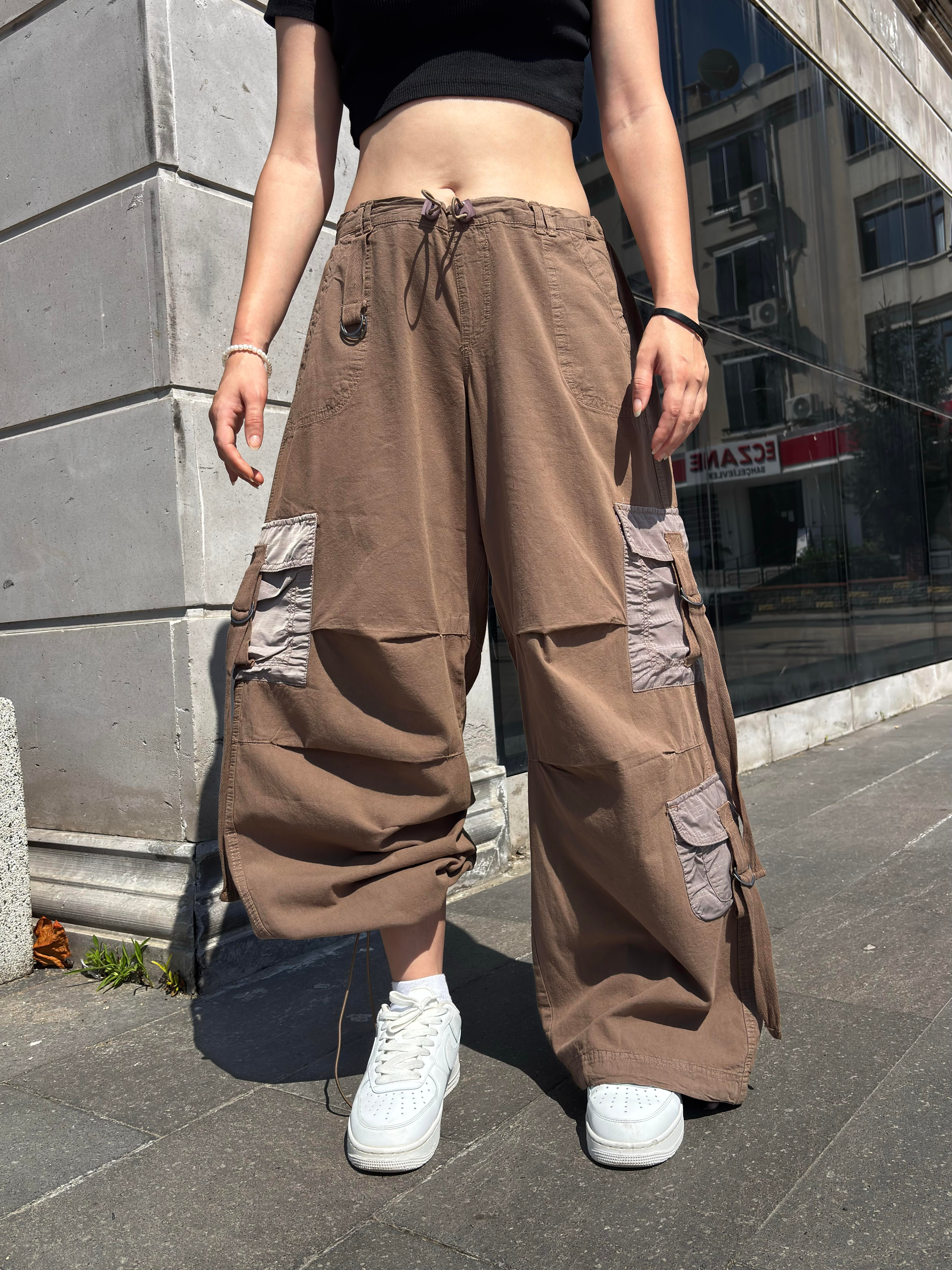 Brown Patchwork Multi Pocket Cargo Pants