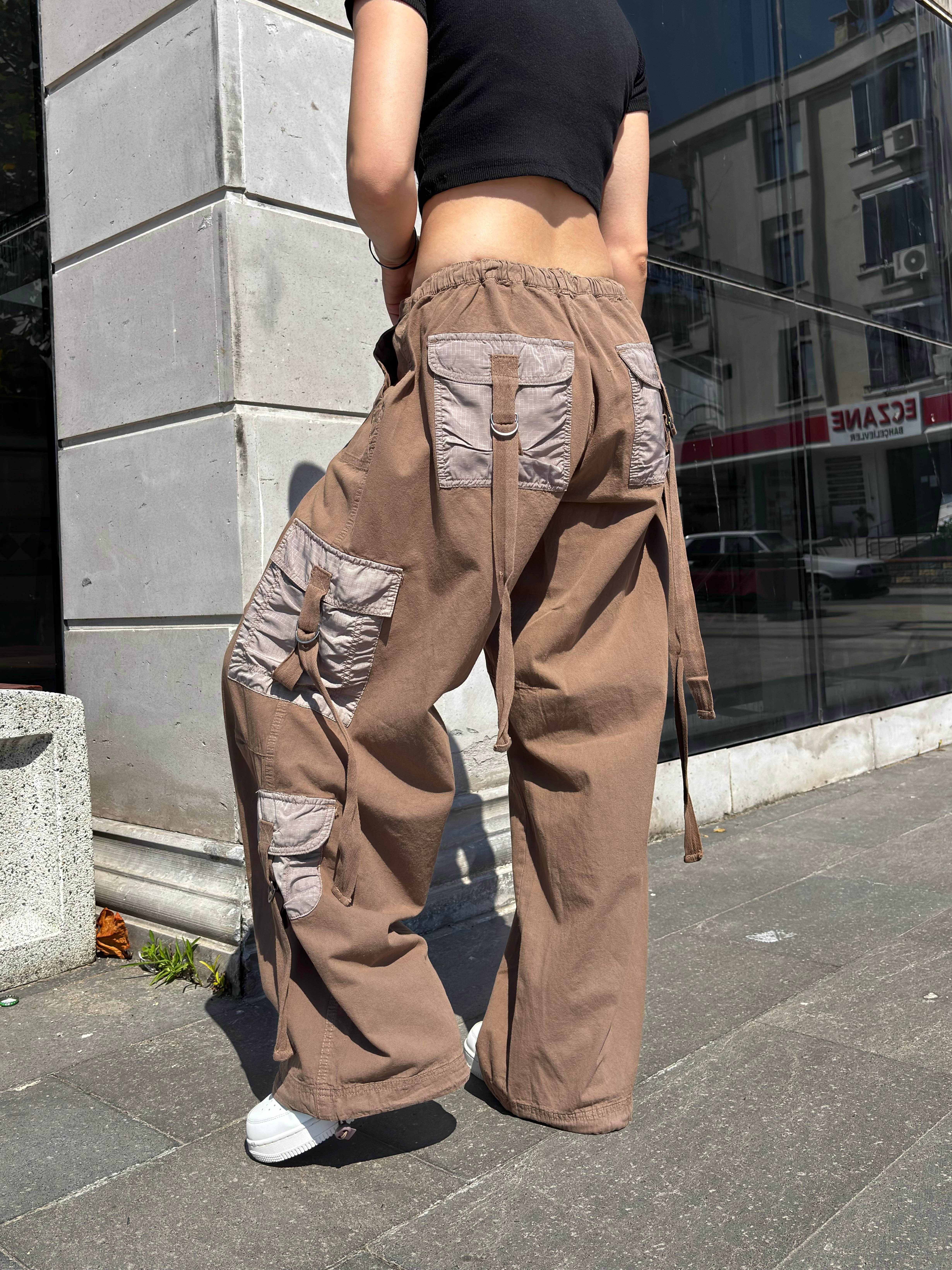 Brown Patchwork Multi Pocket Cargo Pants