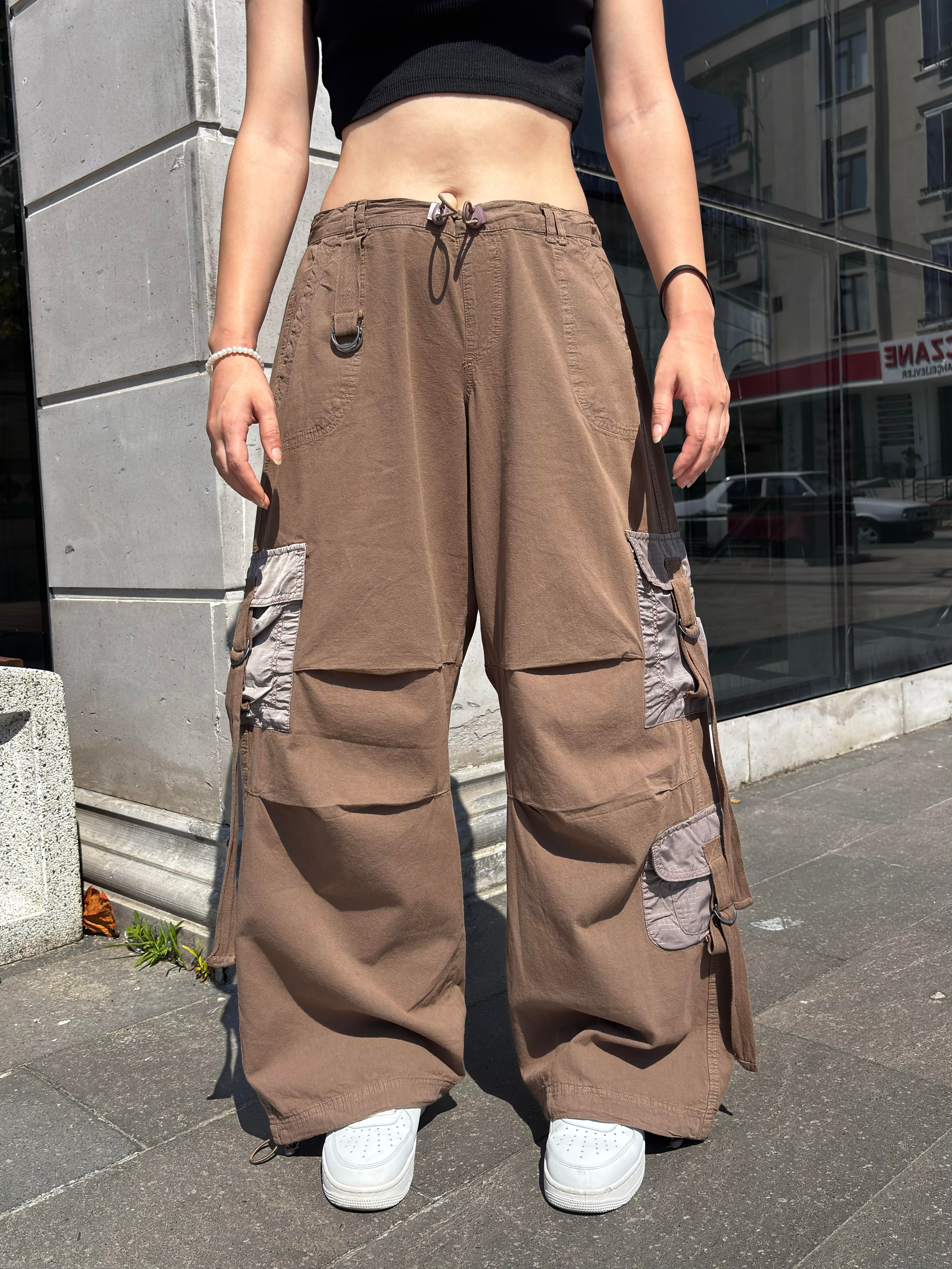 Brown Patchwork Multi Pocket Cargo Pants