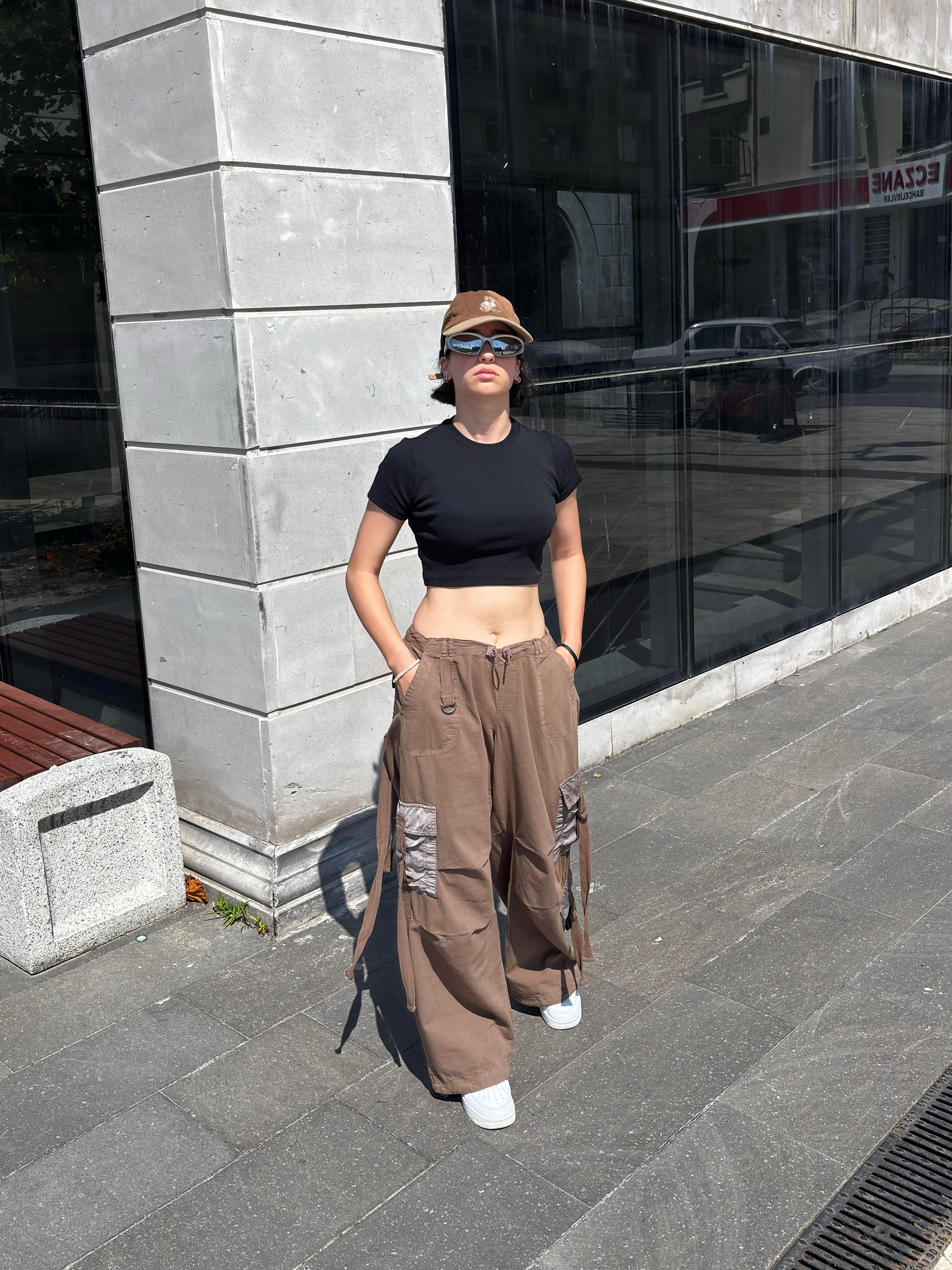 Brown Patchwork Multi Pocket Cargo Pants