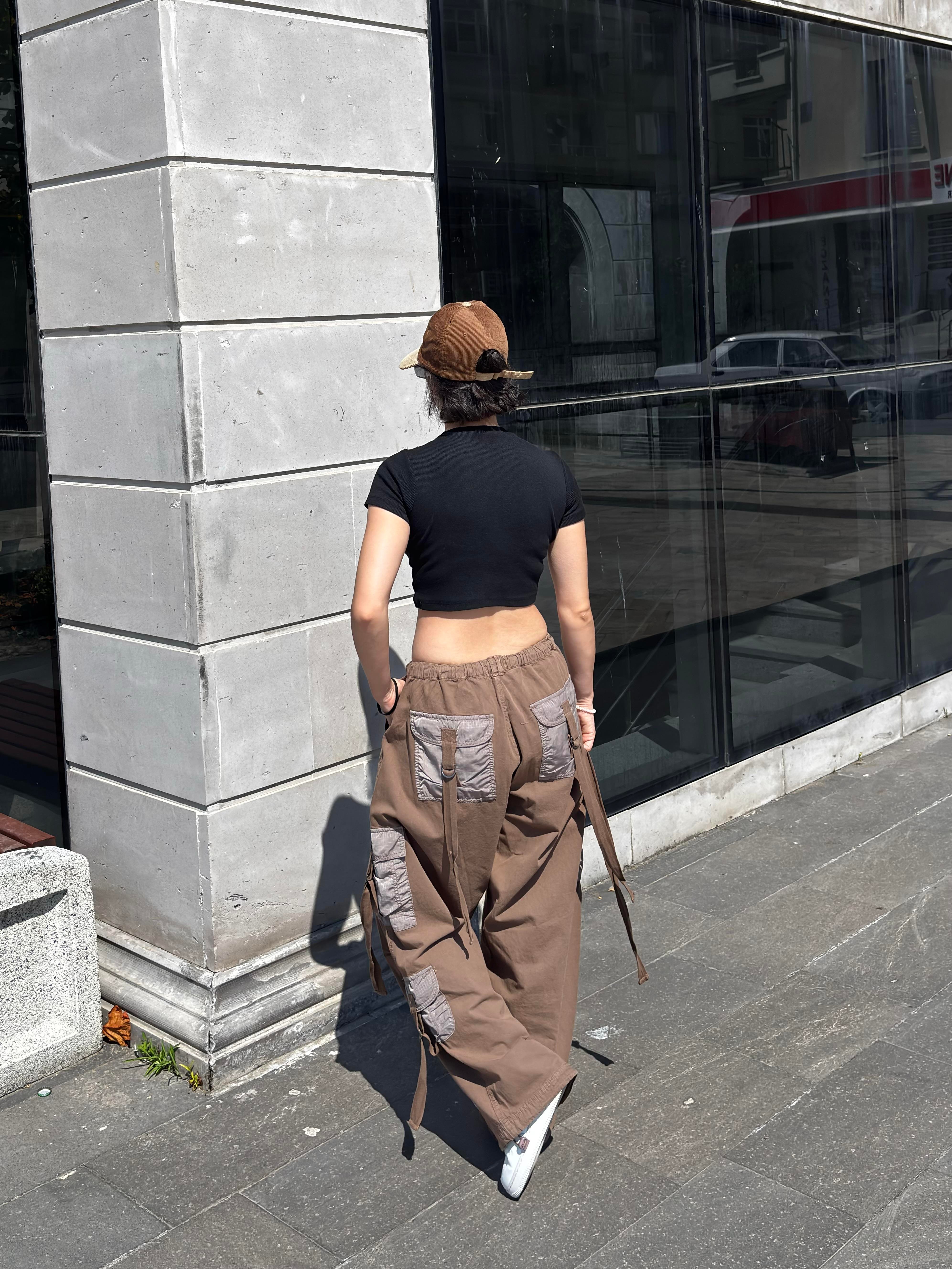 Brown Patchwork Multi Pocket Cargo Pants