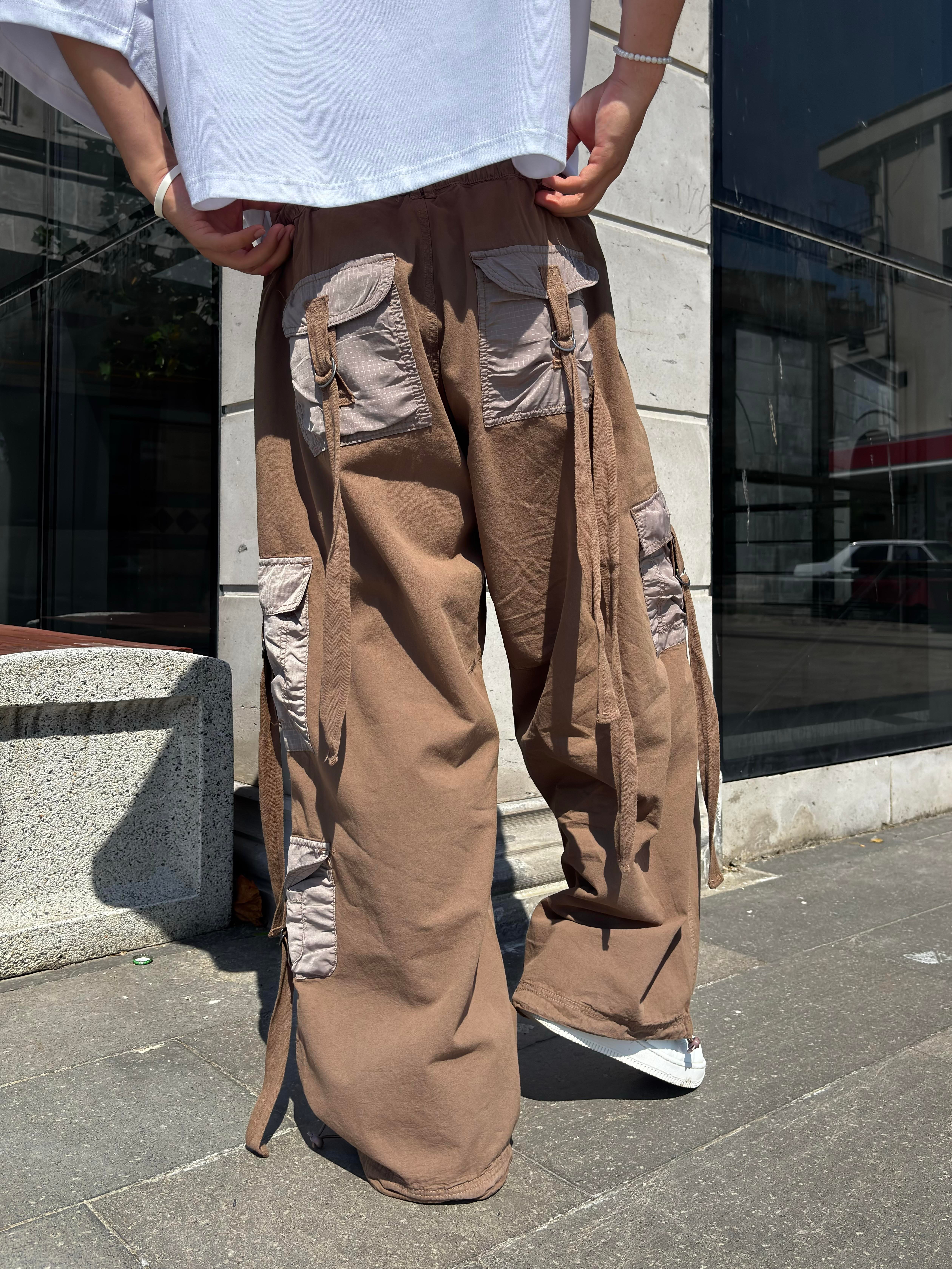 Brown Patchwork Multi Pocket Cargo Pants