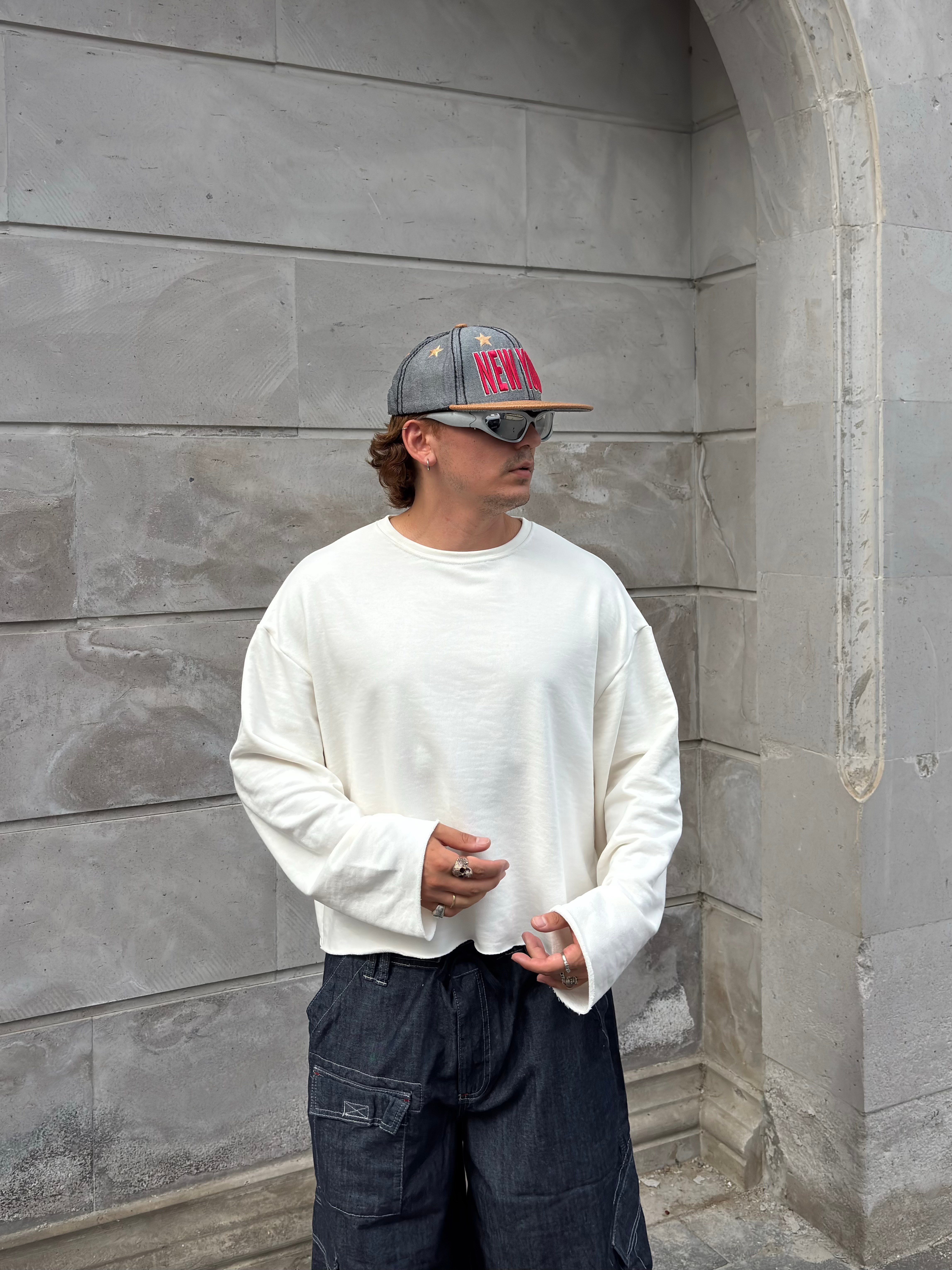 Cream Tone Boxy Fit Cut-Off Sweatshirt