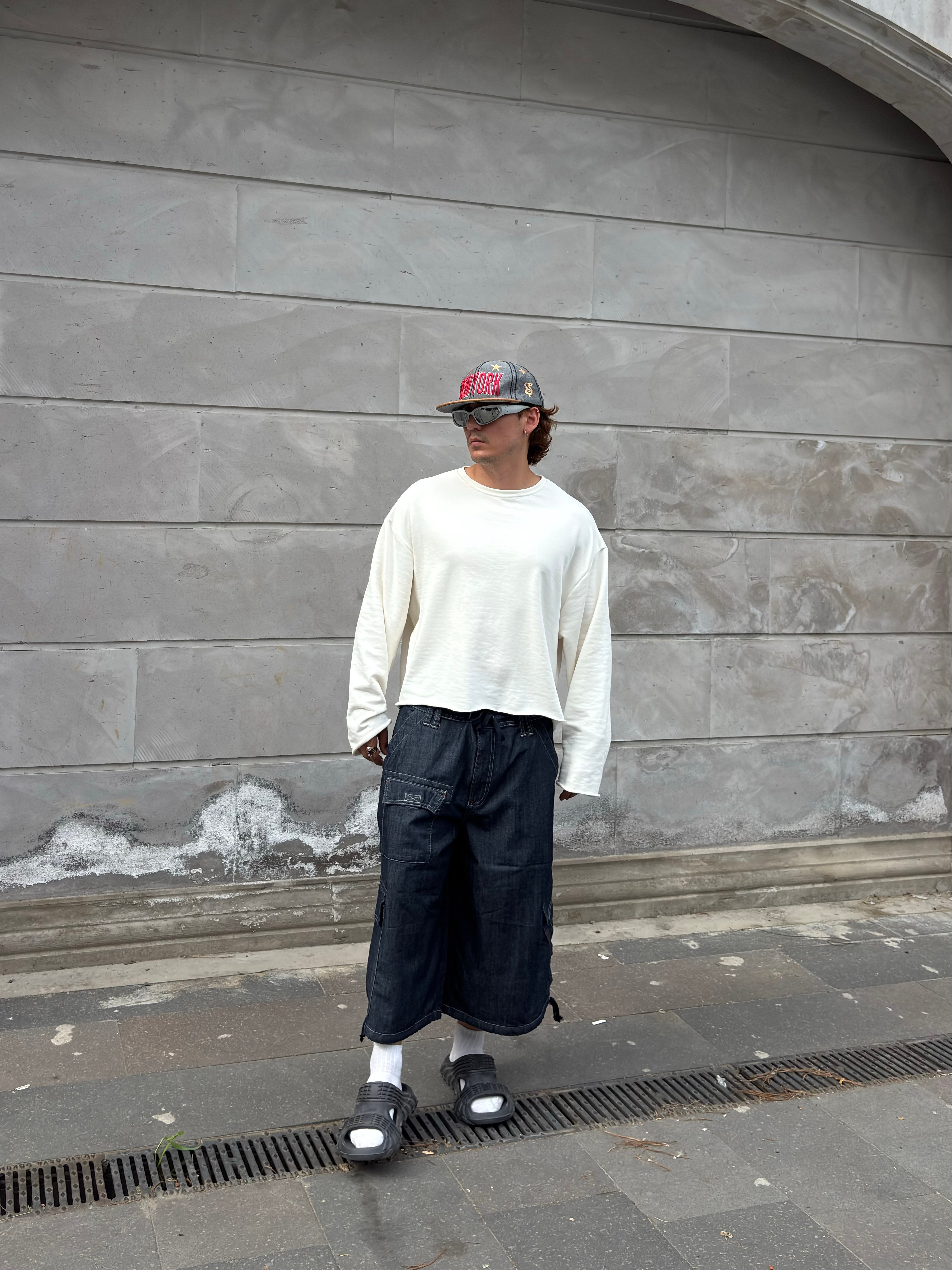 Cream Tone Boxy Fit Cut-Off Sweatshirt