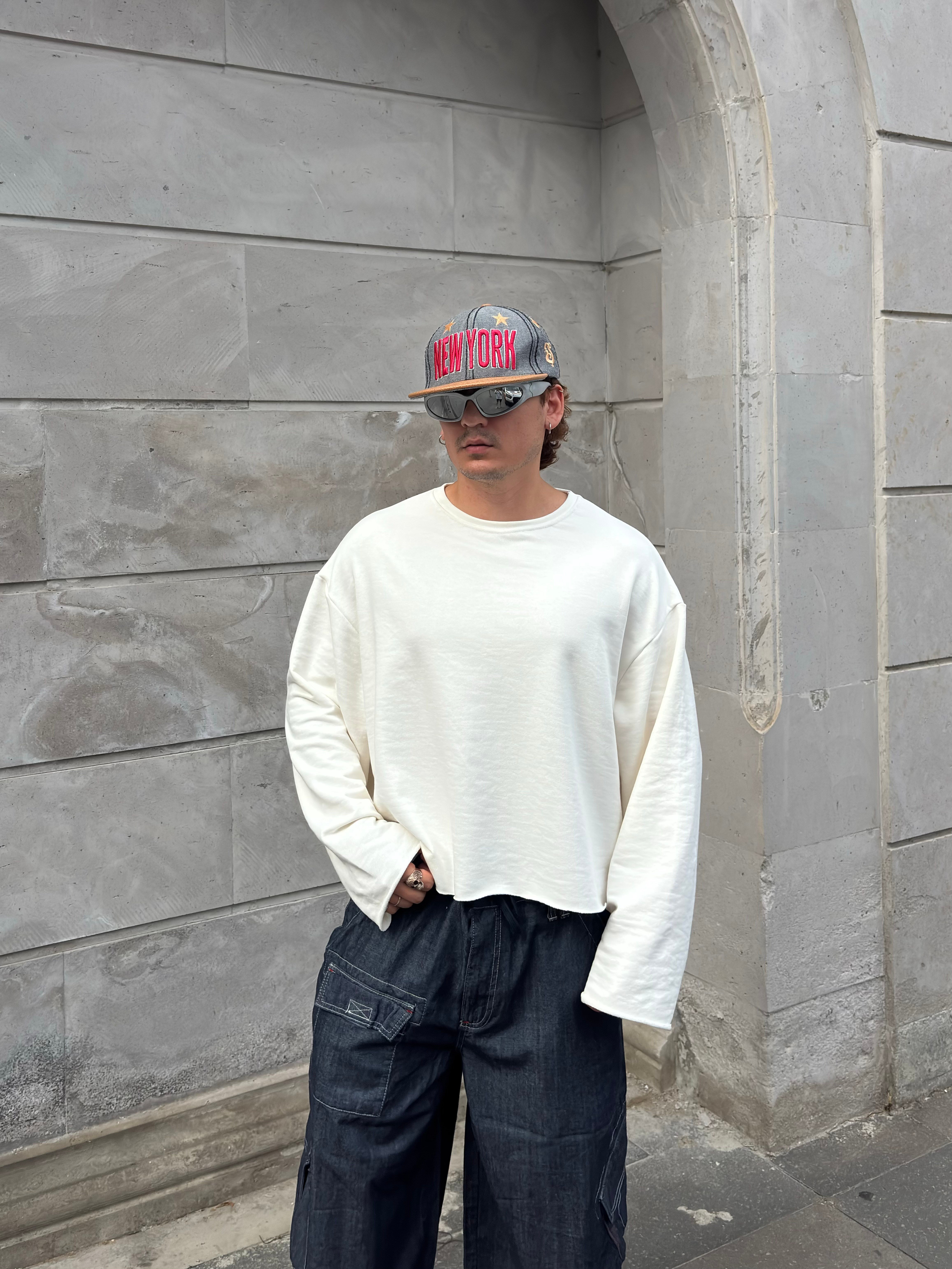 Cream Tone Boxy Fit Cut-Off Sweatshirt