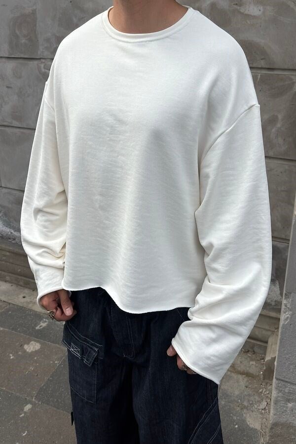 Cream Tone Boxy Fit Cut-Off Sweatshirt