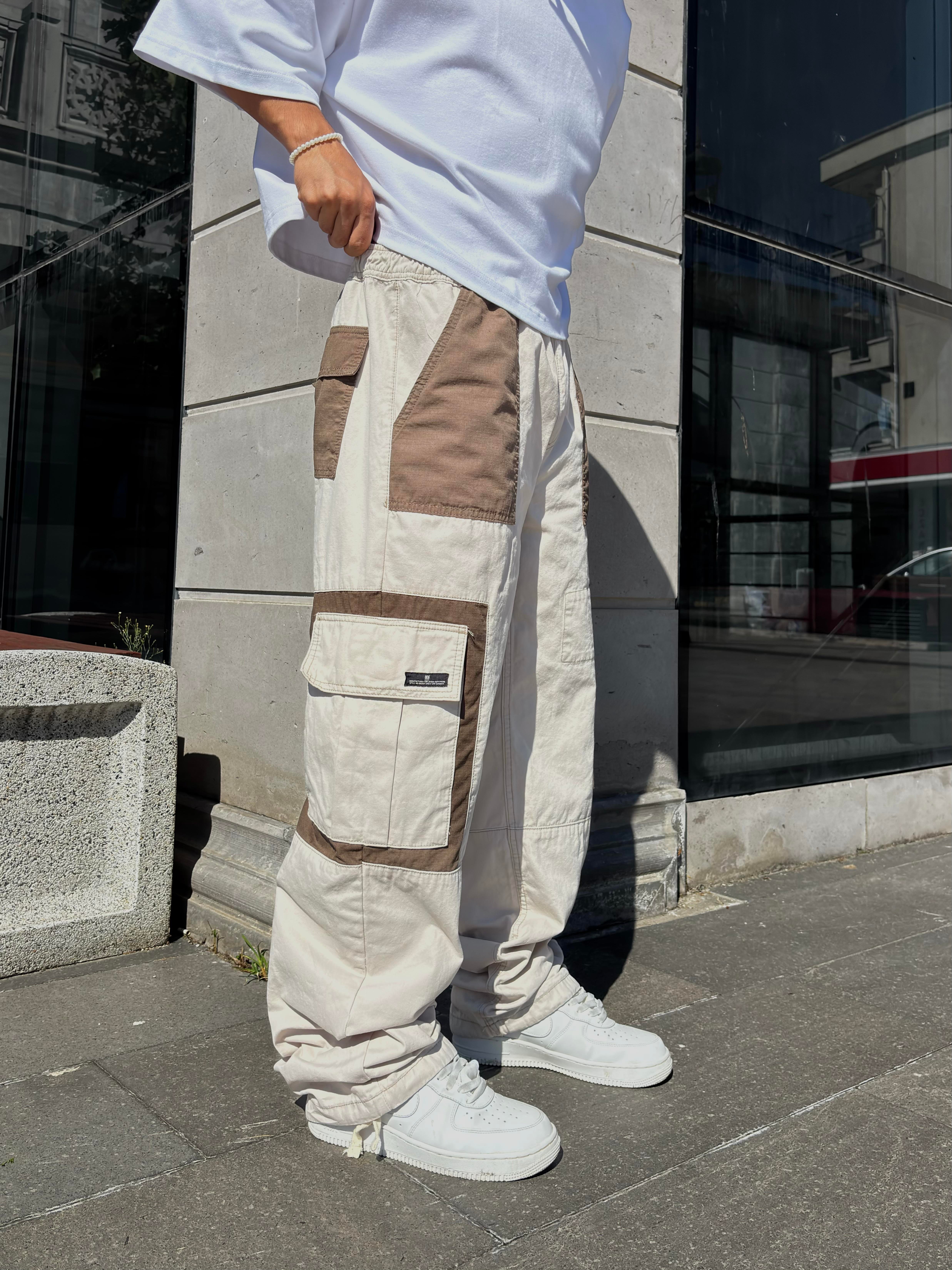 Cream Tone Patchwork Utility Cargo Pants