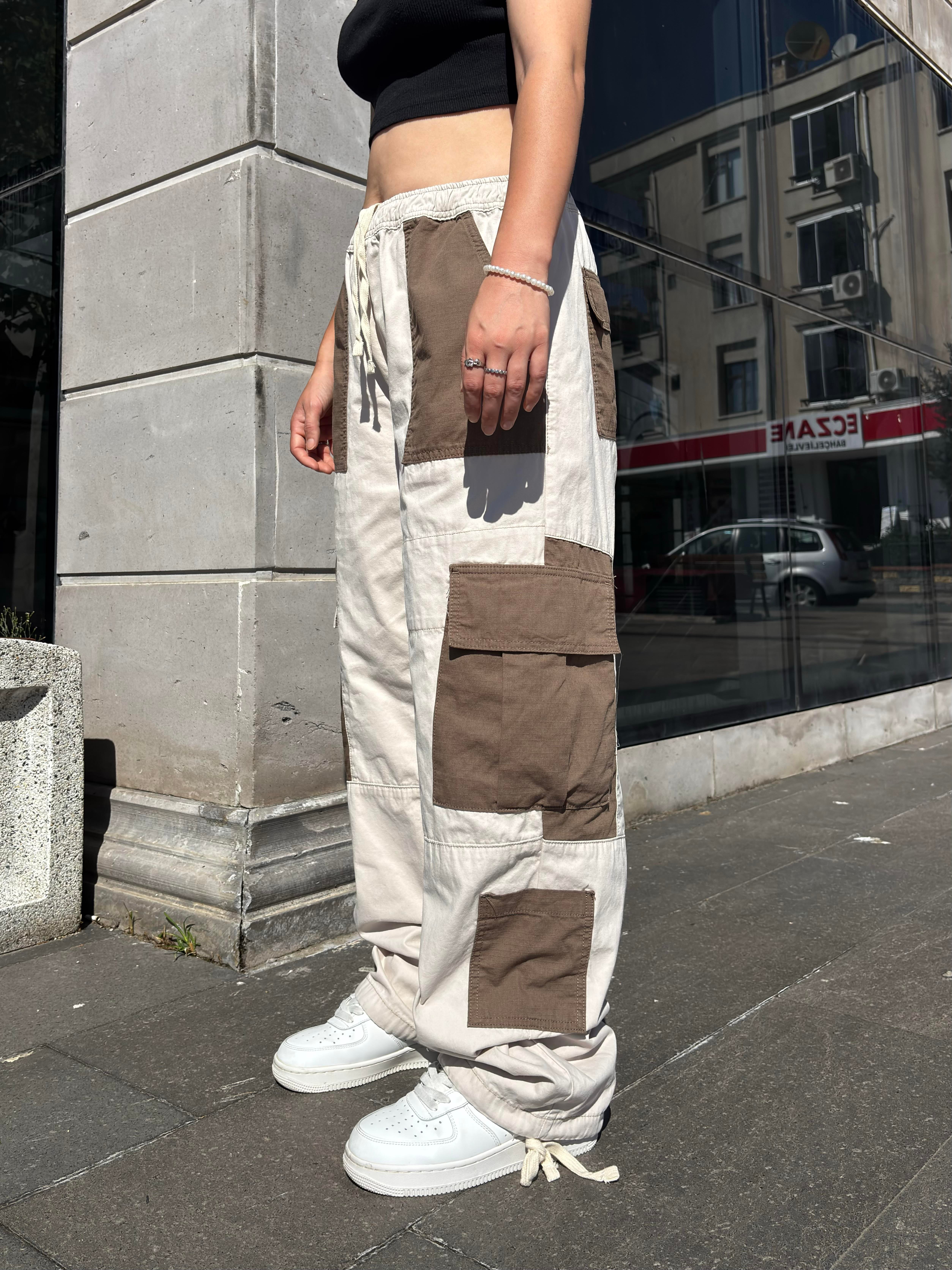 Cream Tone Patchwork Utility Cargo Pants