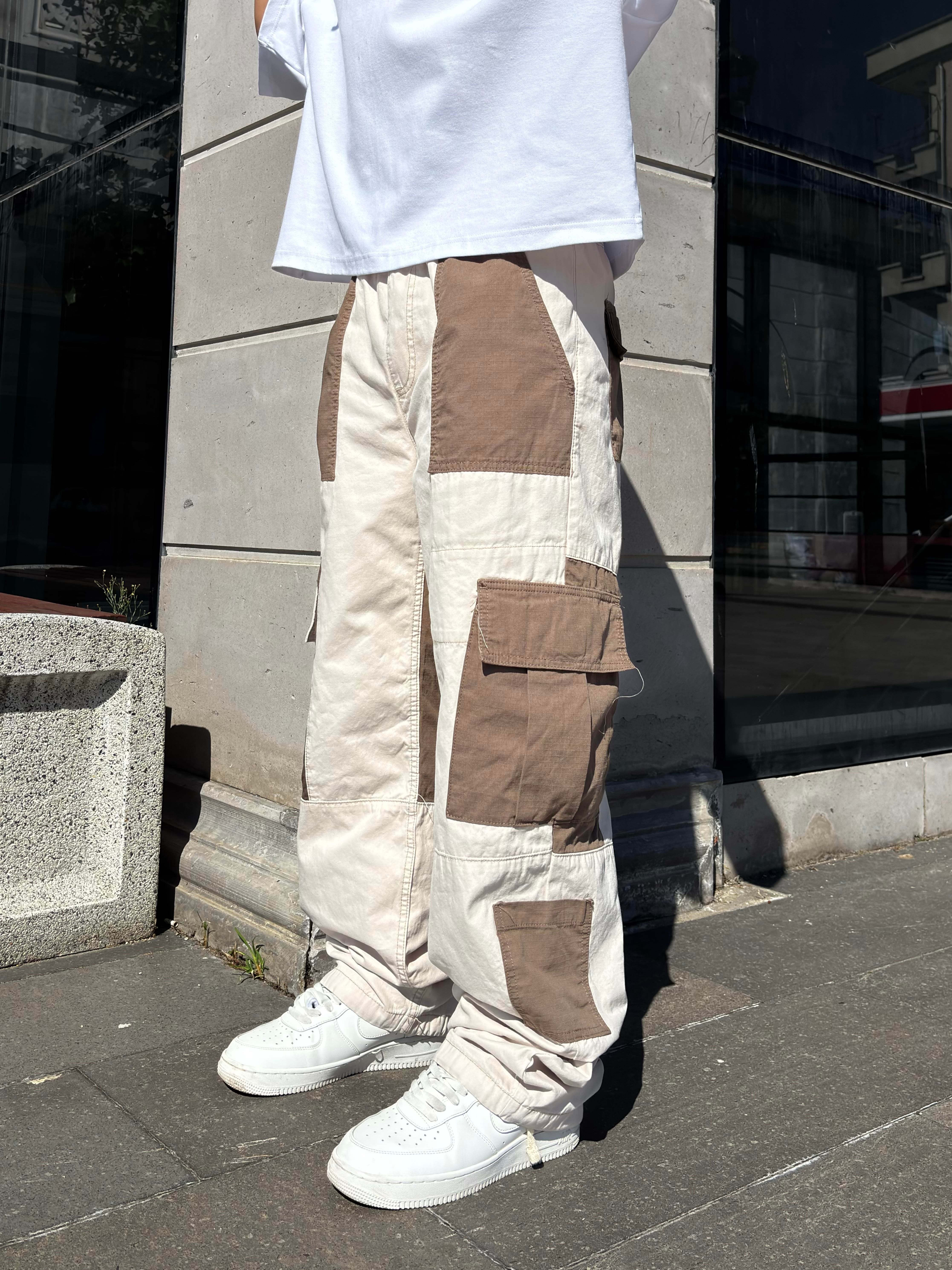 Cream Tone Patchwork Utility Cargo Pants