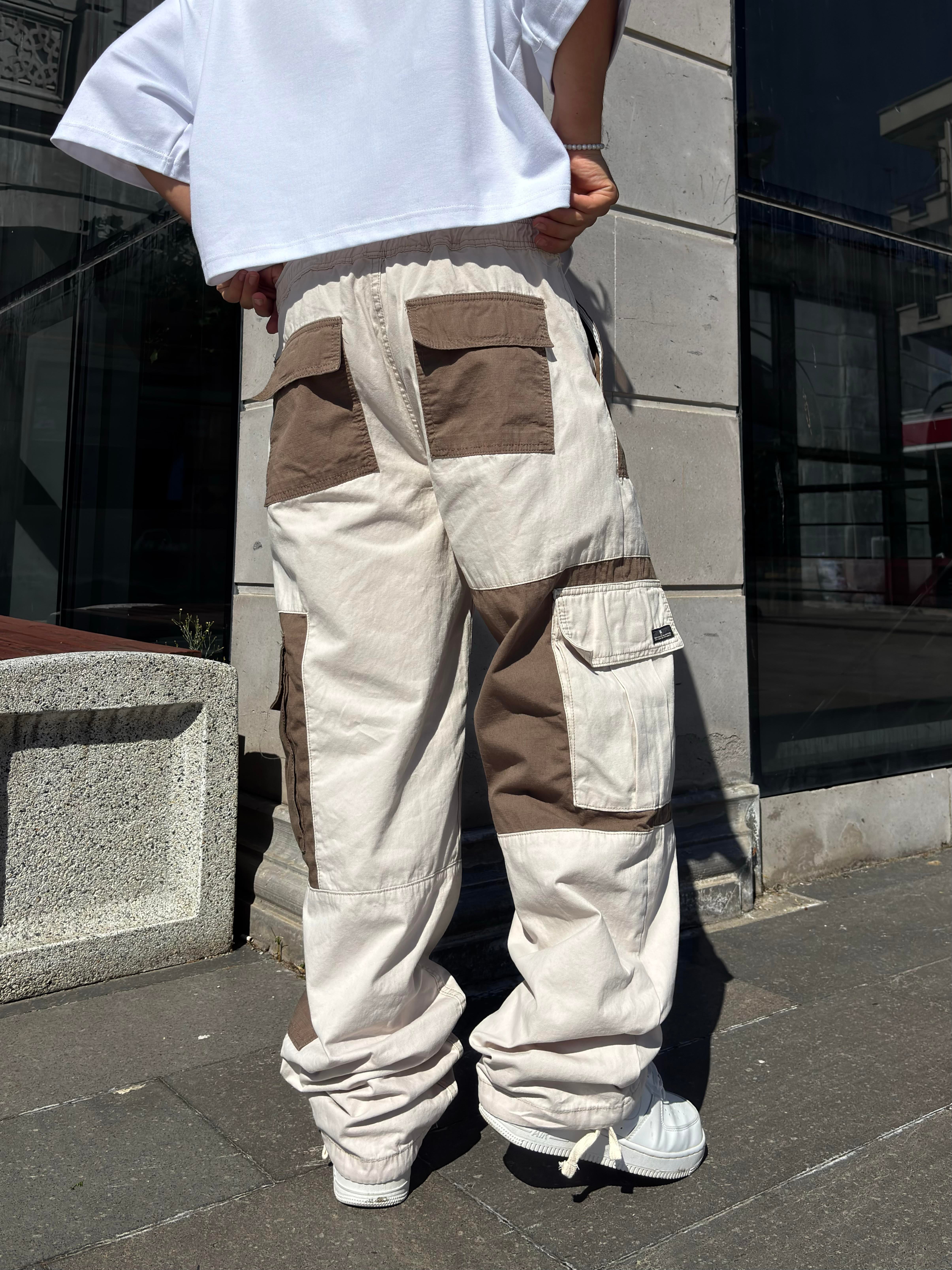 Cream Tone Patchwork Utility Cargo Pants