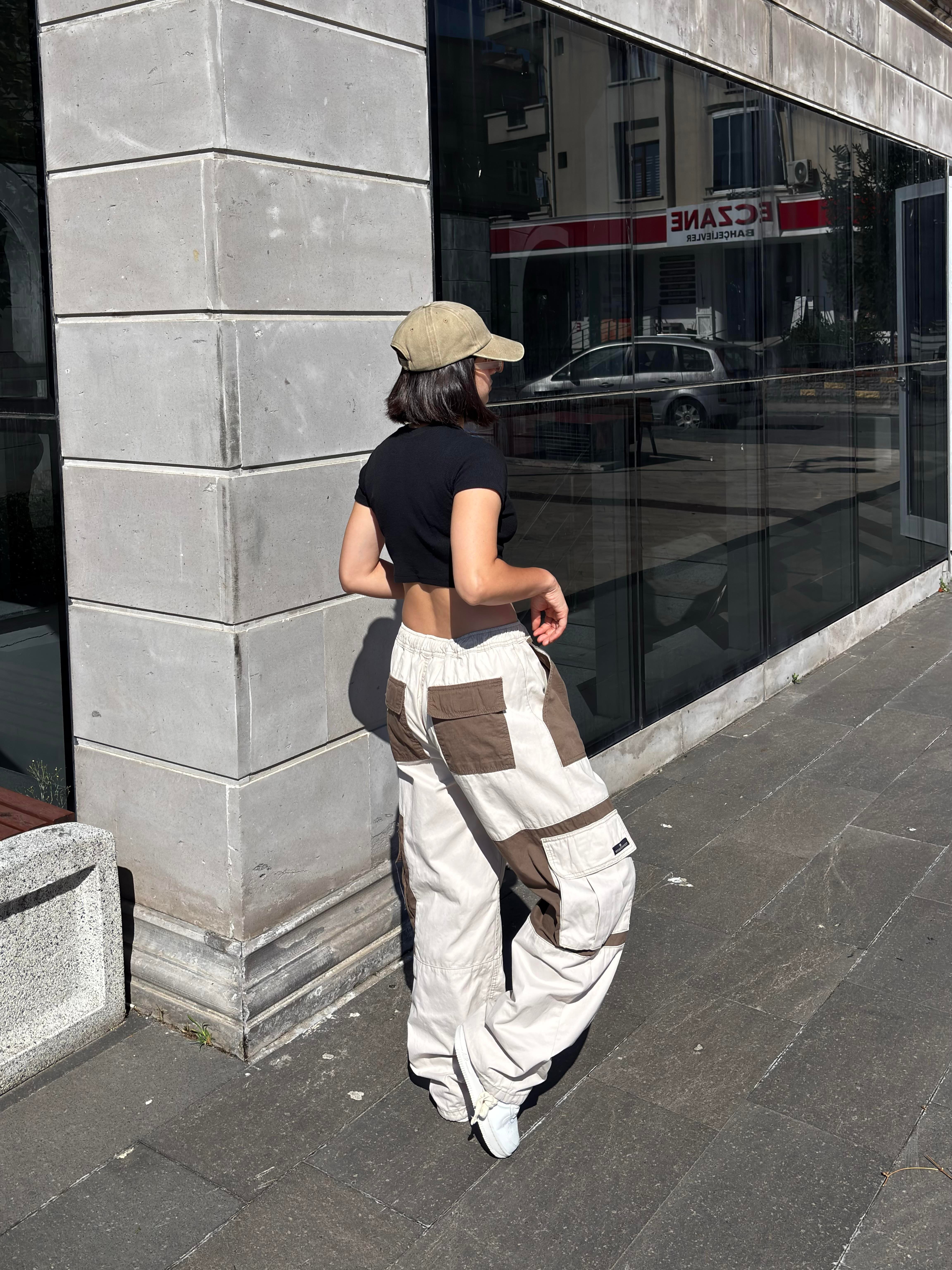 Cream Tone Patchwork Utility Cargo Pants